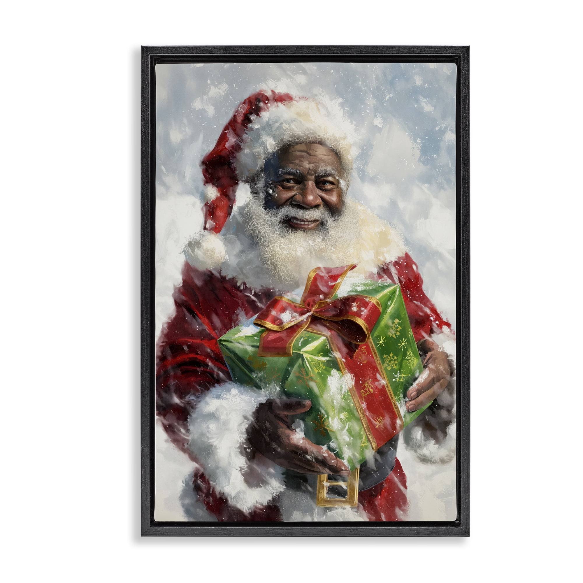 Stupell Industries Santa Claus & Gift Holiday Painting Black Floater Framed Art Print Wall Art, 21 x 31
