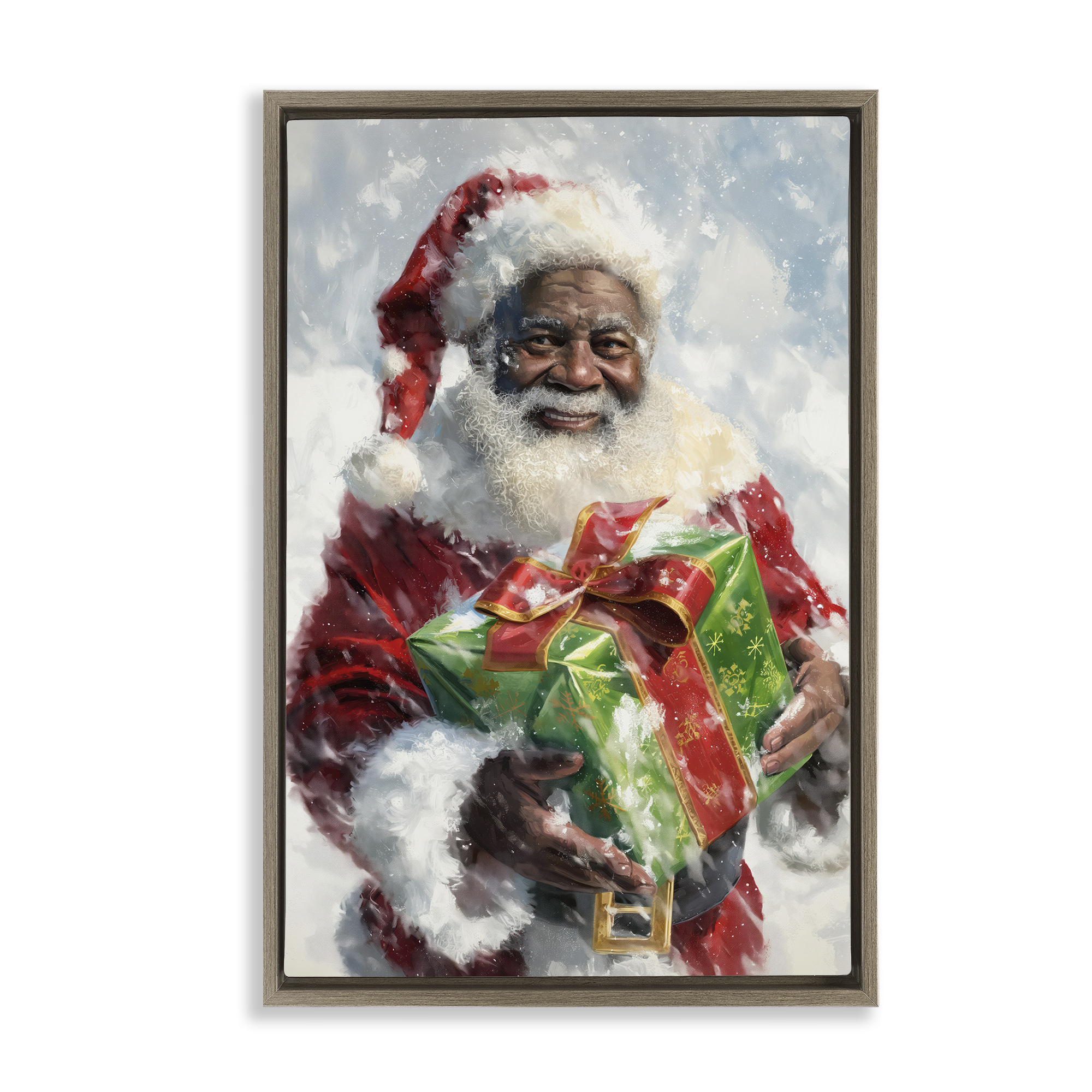 Stupell Industries Santa Claus & Gift Holiday Painting Brown Floater Framed Art Print Wall Art, 17 x 25