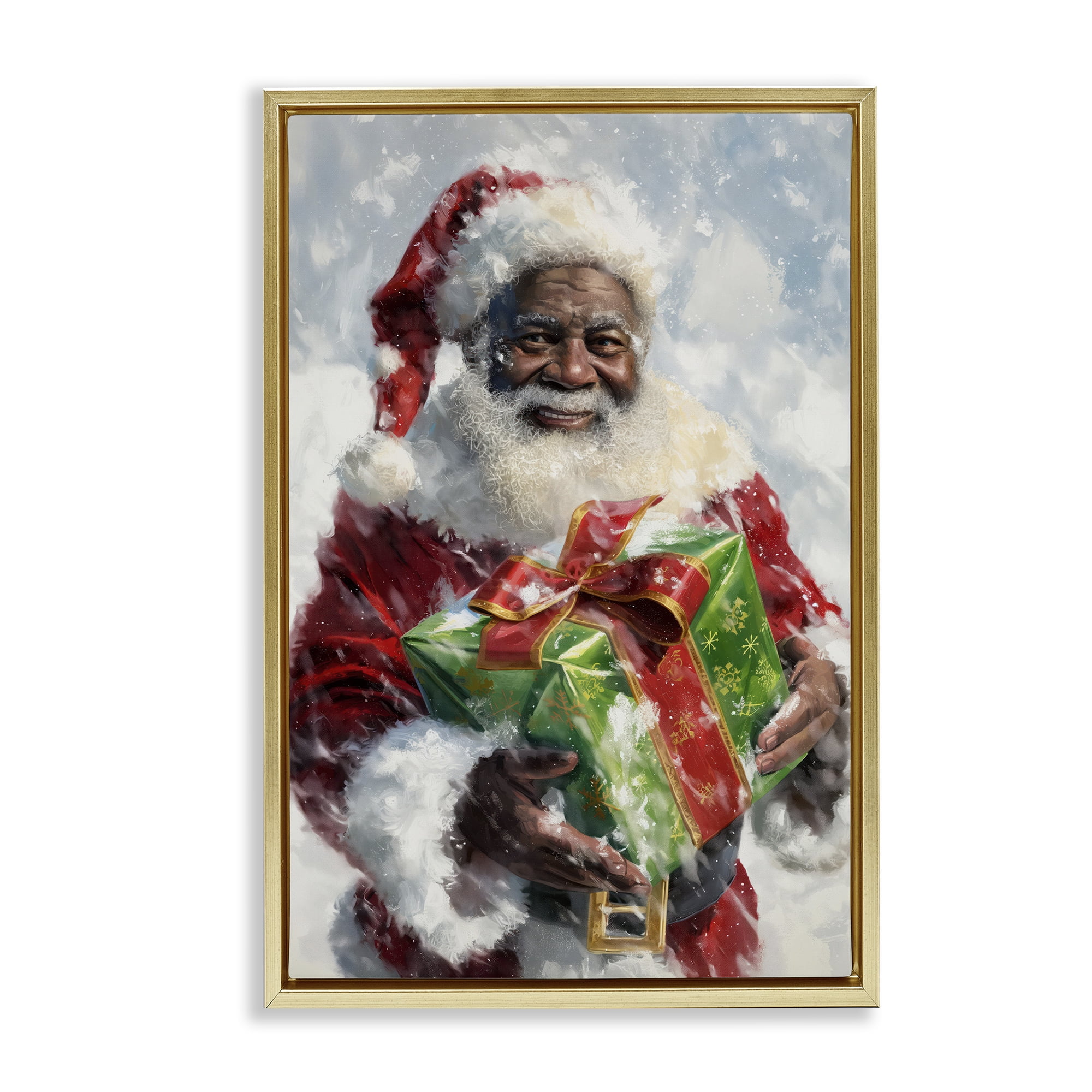 Stupell Industries Santa Claus & Gift Holiday Painting Gold Floater Framed Art Print Wall Art, 17 x 25