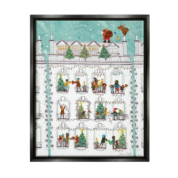 Stupell Industries Santa Claus Gifts City Rooftop Holiday Painting Black Floater Framed Art Print Wall Art