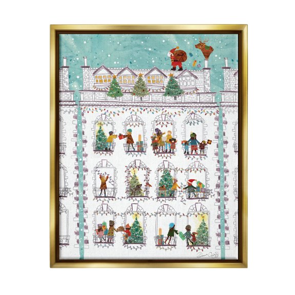 Stupell Industries Santa Claus Gifts City Rooftop Holiday Painting Gold Floater Framed Art Print Wall Art