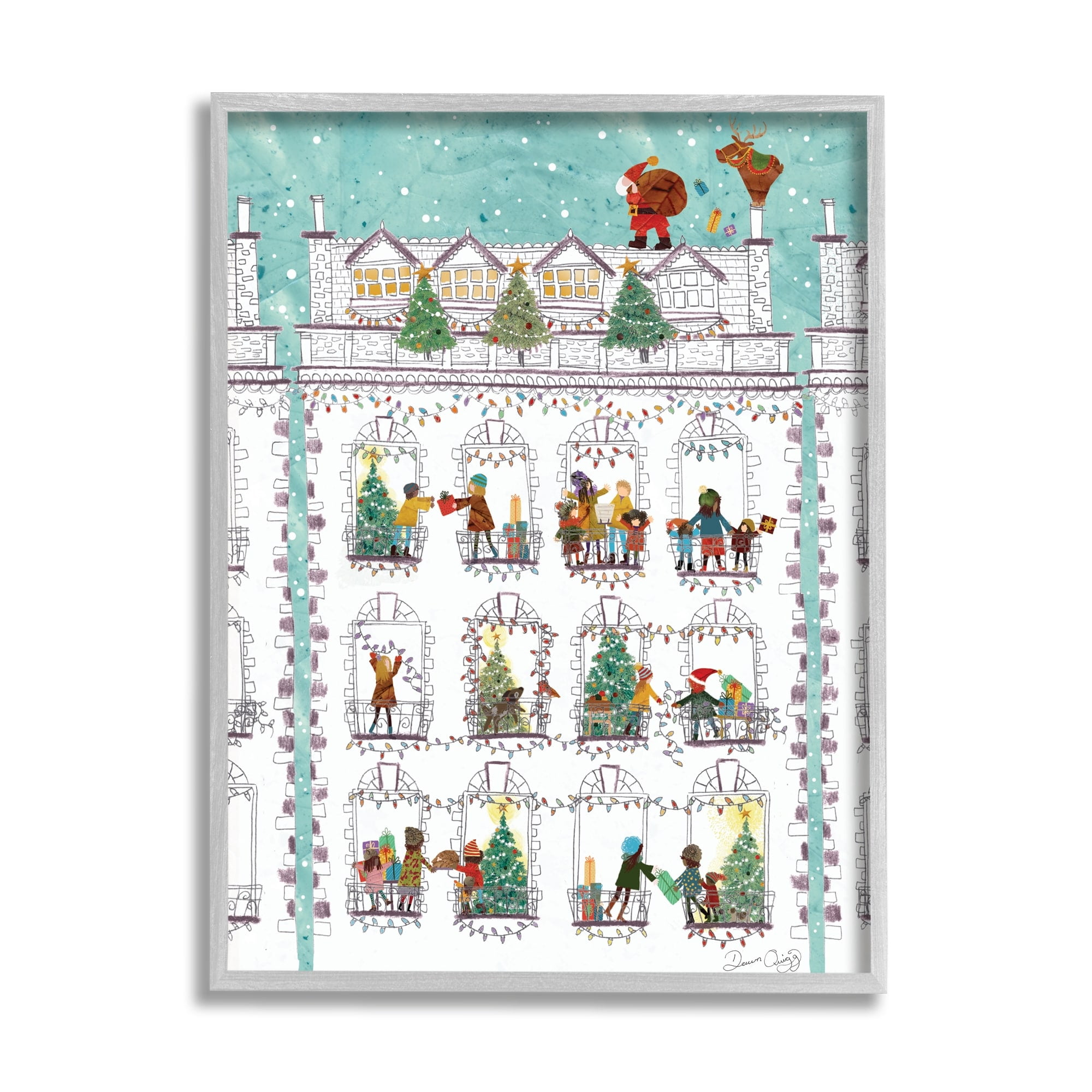 Stupell Industries Santa Claus Gifts City Rooftop Holiday Painting Gray Framed Art Print Wall Art