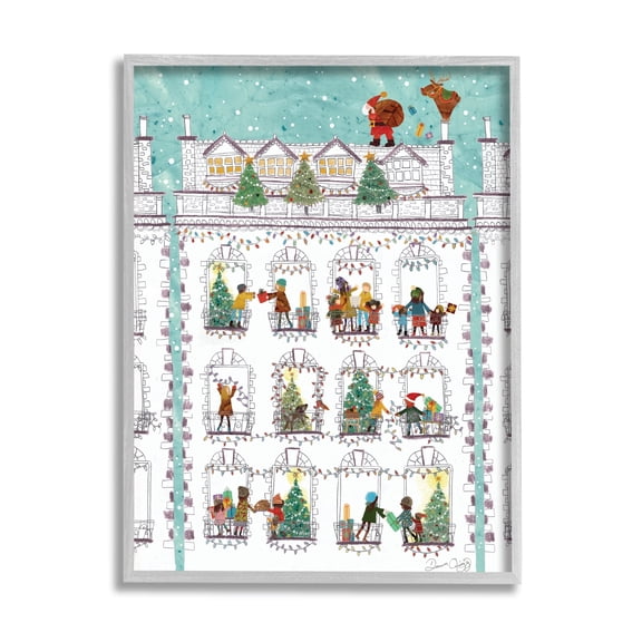 Stupell Industries Santa Claus Gifts City Rooftop Holiday Painting Gray Framed Art Print Wall Art