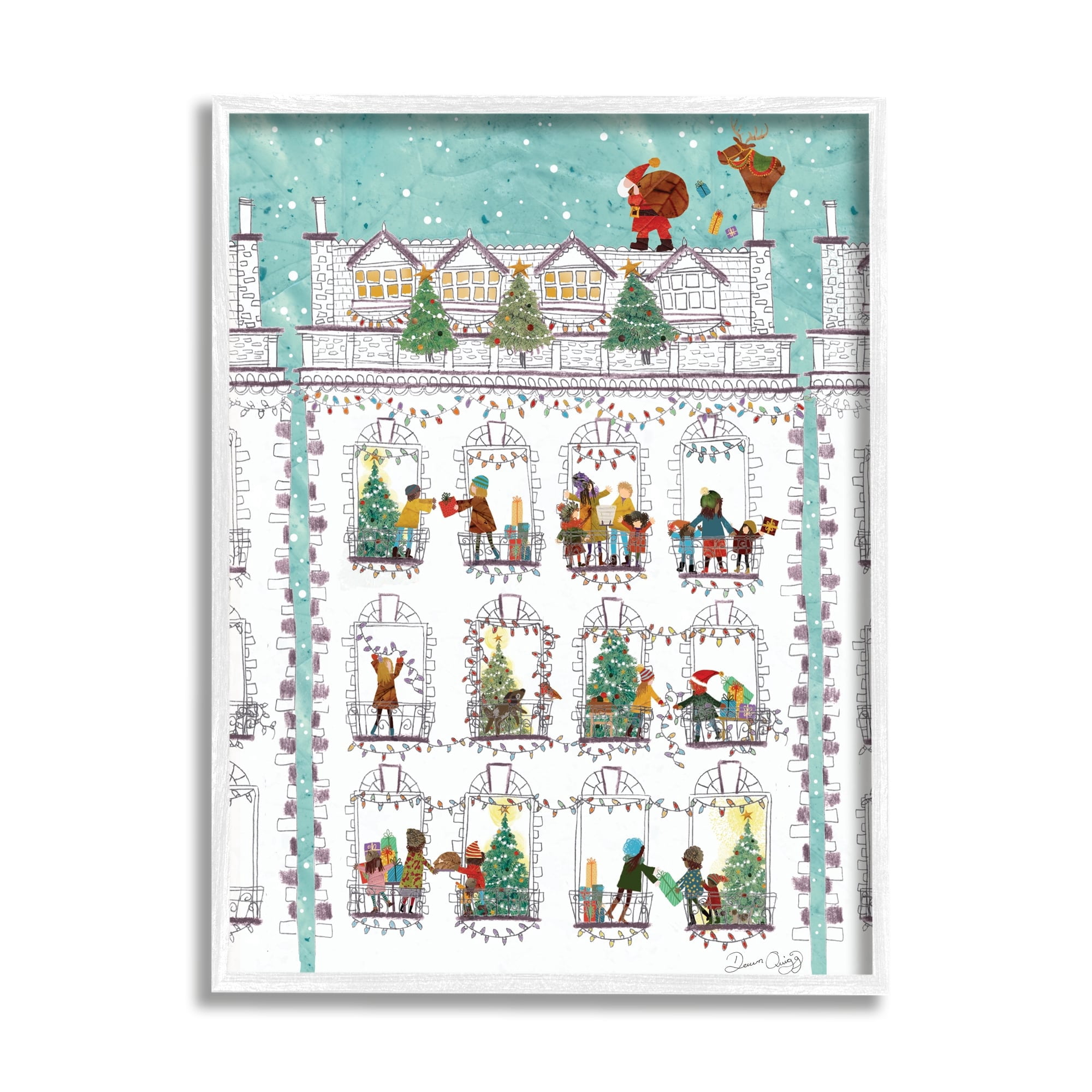 Stupell Industries Santa Claus Gifts City Rooftop Holiday Painting White Framed Art Print Wall Art