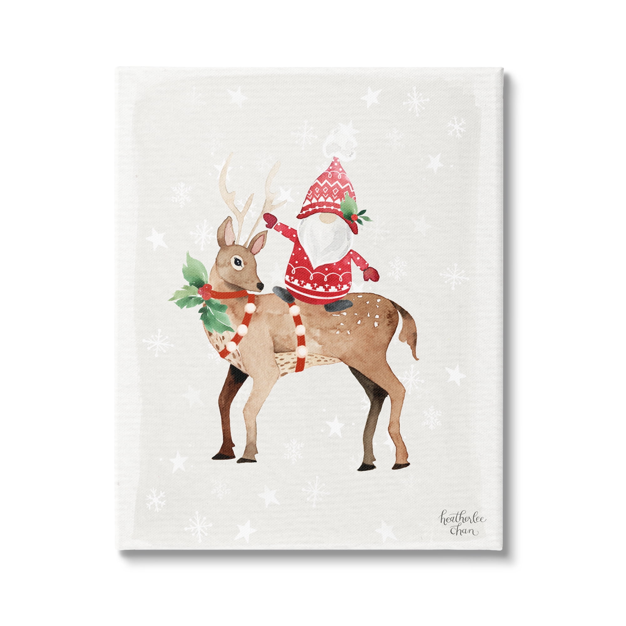 Stupell Industries Santa Claus Gnome Reindeer Holiday Patterned Stars Painting Gallery Wrapped Canvas Print Wall Art, Design by Heatherlee Chan