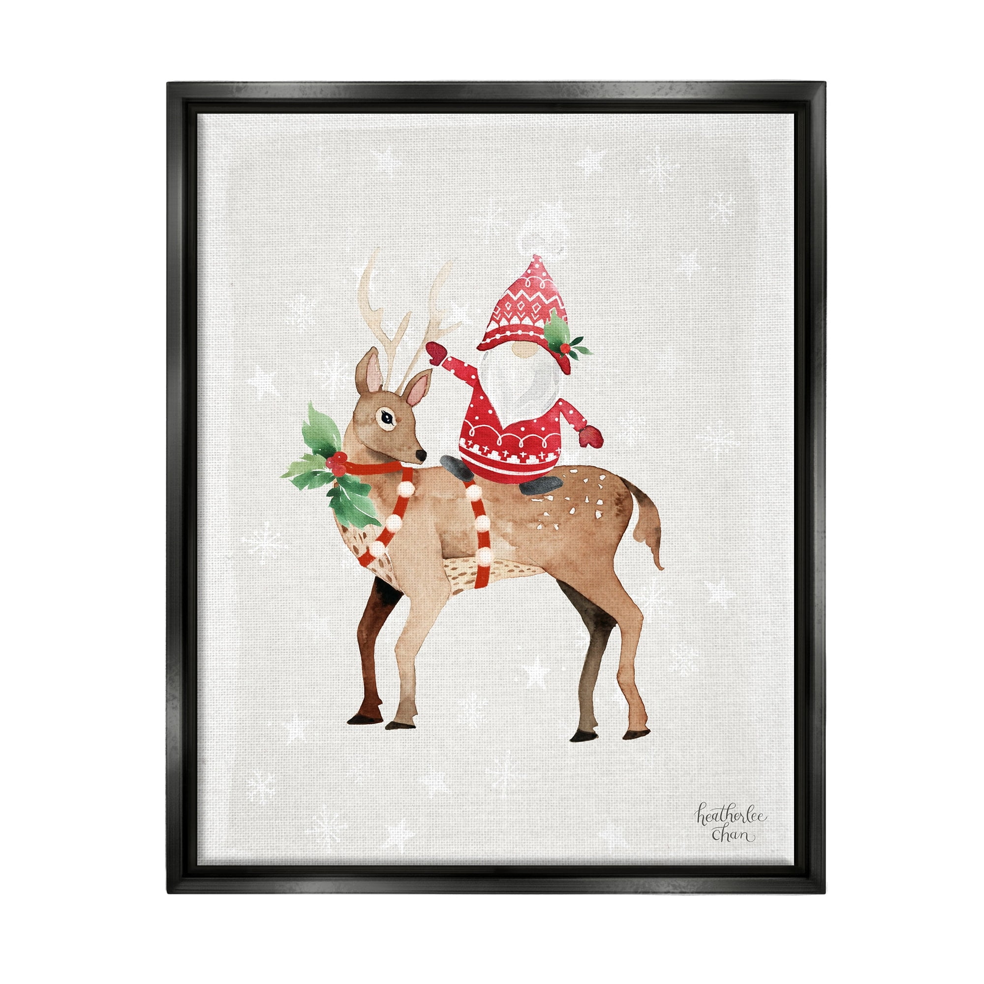 Stupell Industries Santa Claus Gnome Reindeer Holiday Patterned Stars Painting Jet Black Floating Framed Canvas Print Wall Art, Design by Heatherlee Chan