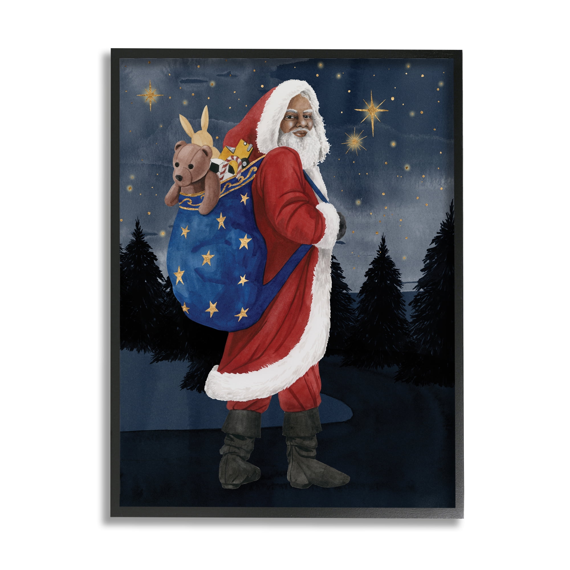 Stupell Industries Santa Claus Sack of Toys Under Night Sky Holiday Painting Black Framed Art Print Wall Art, 24 x 30