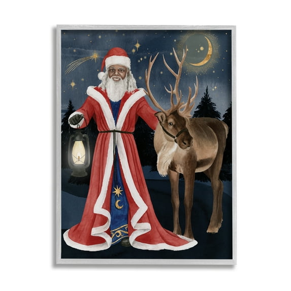 Stupell Industries Santa Claus Under Night Sky Winter Lantern Holiday Painting Gray Framed Art Print Wall Art, 11 x 14