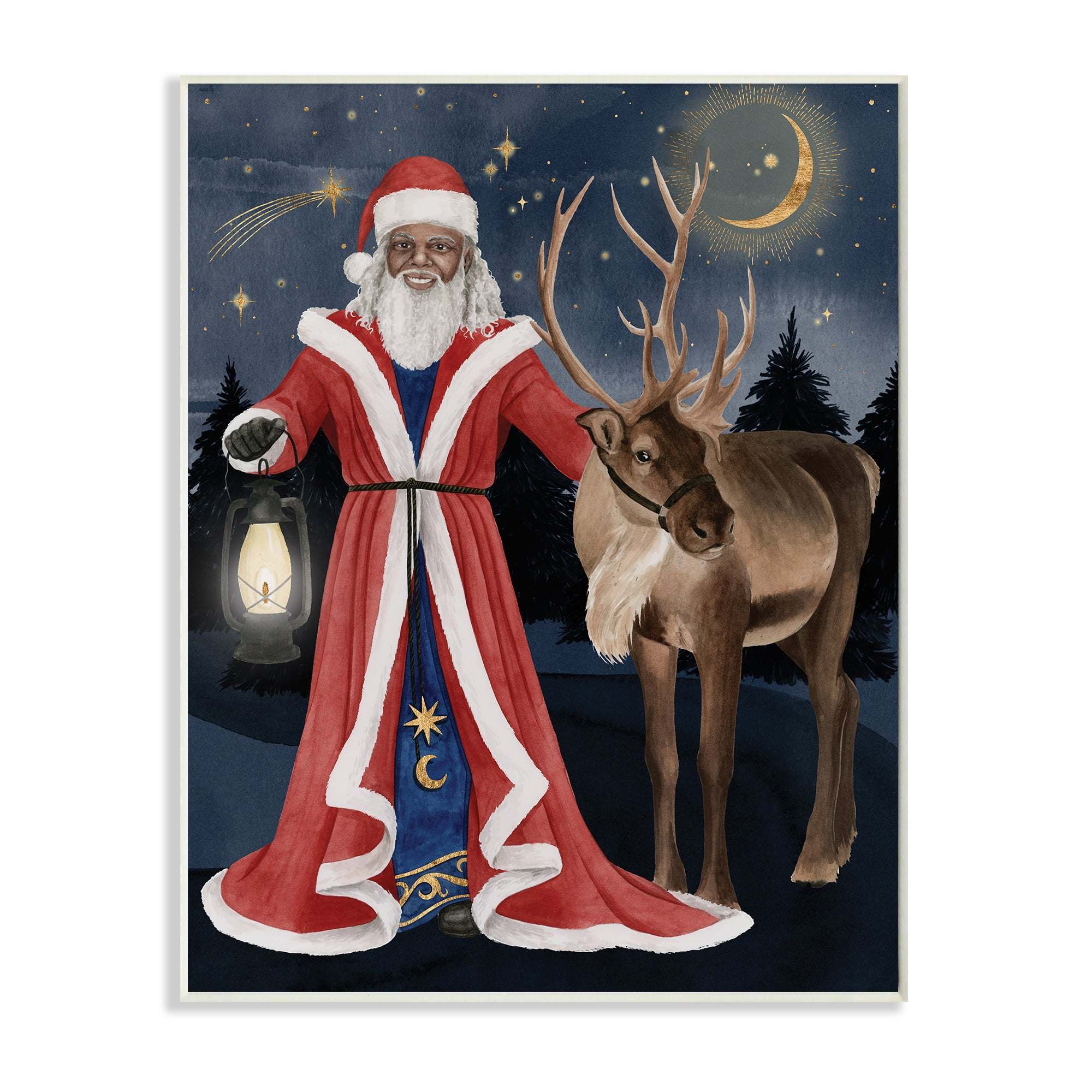 Stupell Industries Santa Claus Under Night Sky Winter Lantern Holiday Painting Unframed Art Print Wall Art, 10 x 15