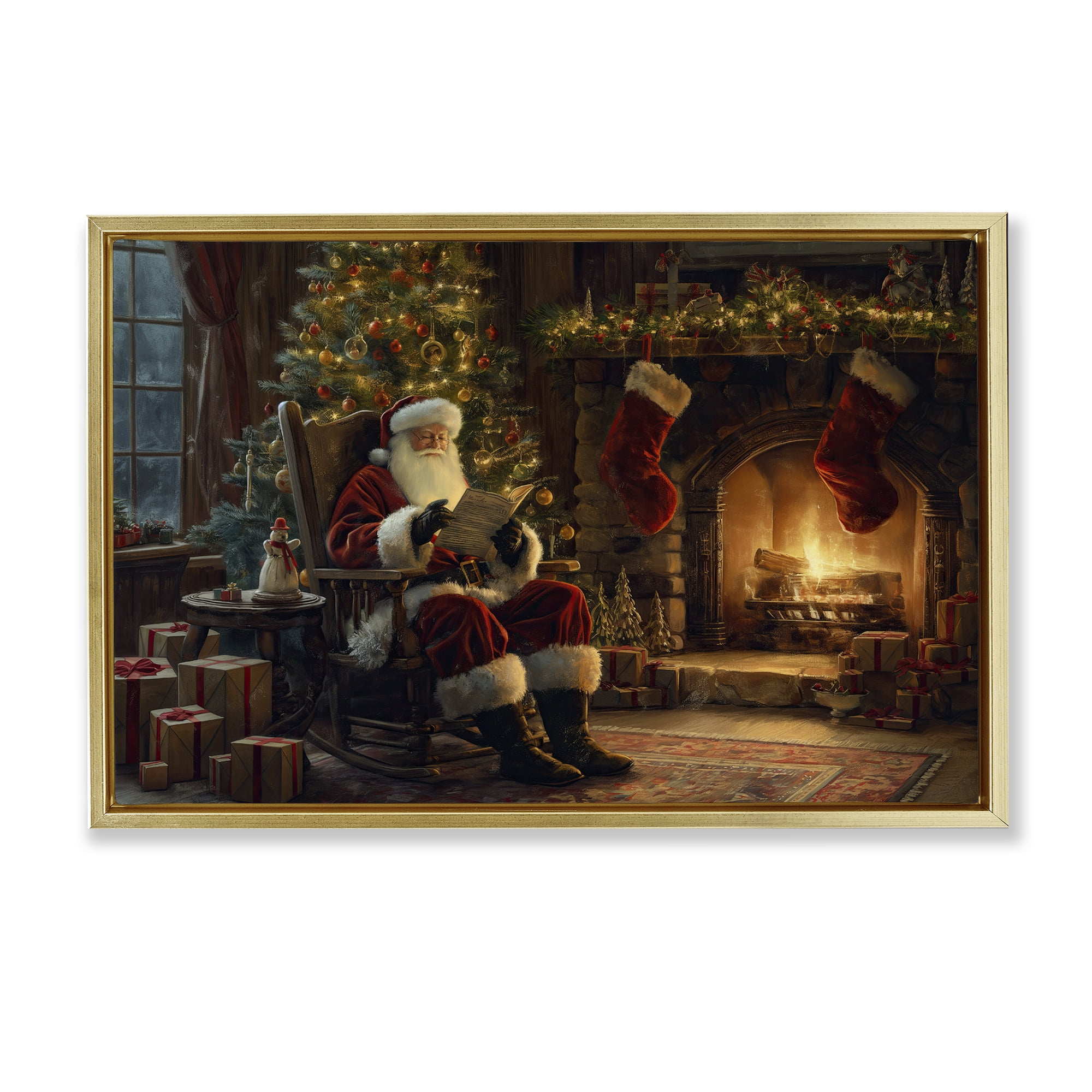 Stupell Industries Santa Claus by Fire Holiday Painting Gold Floater Framed Canvas Art Prints Wall Art, 25 x 17