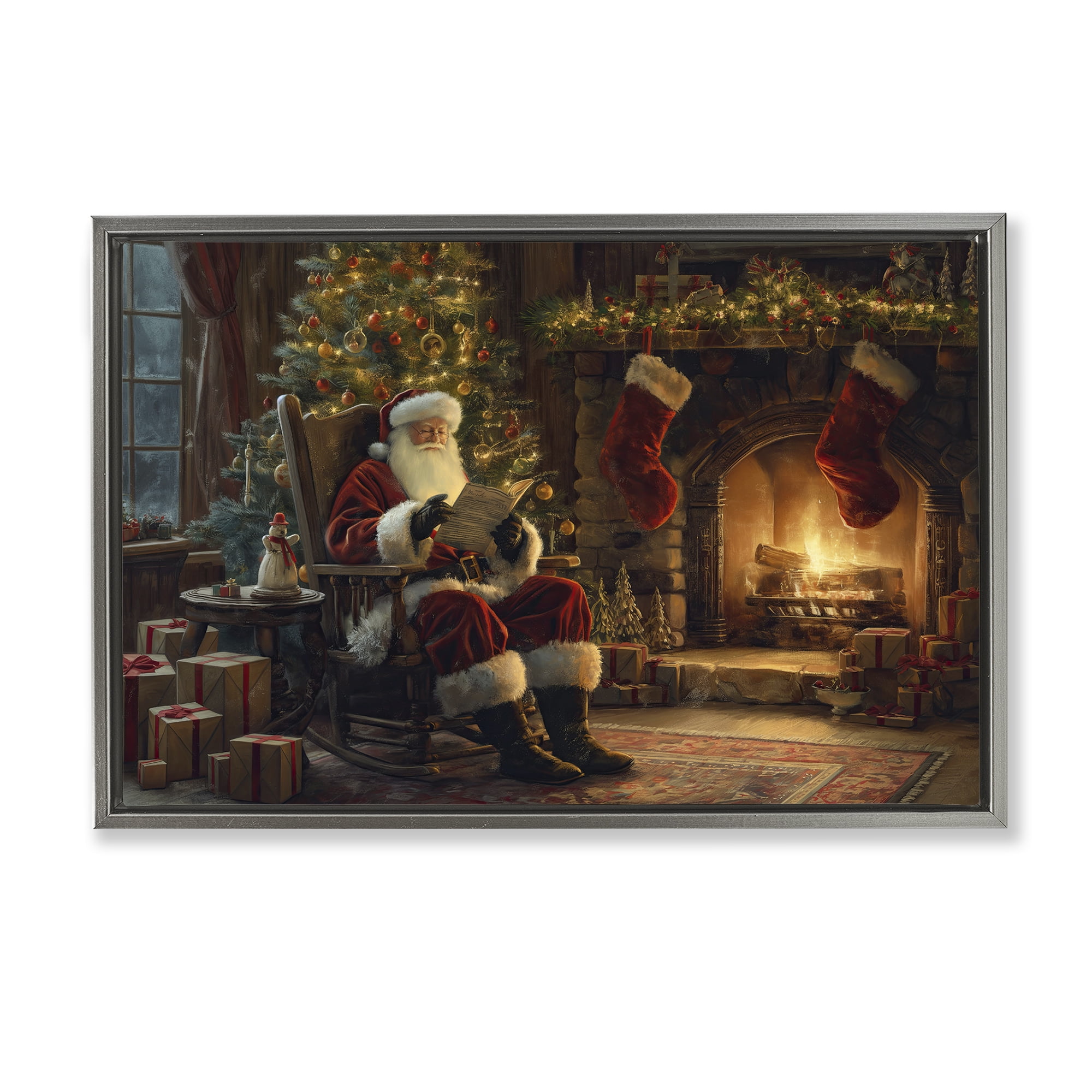 Stupell Industries Santa Claus by Fire Holiday Painting Gray Floater Framed Canvas Art Prints Wall Art, 25 x 17