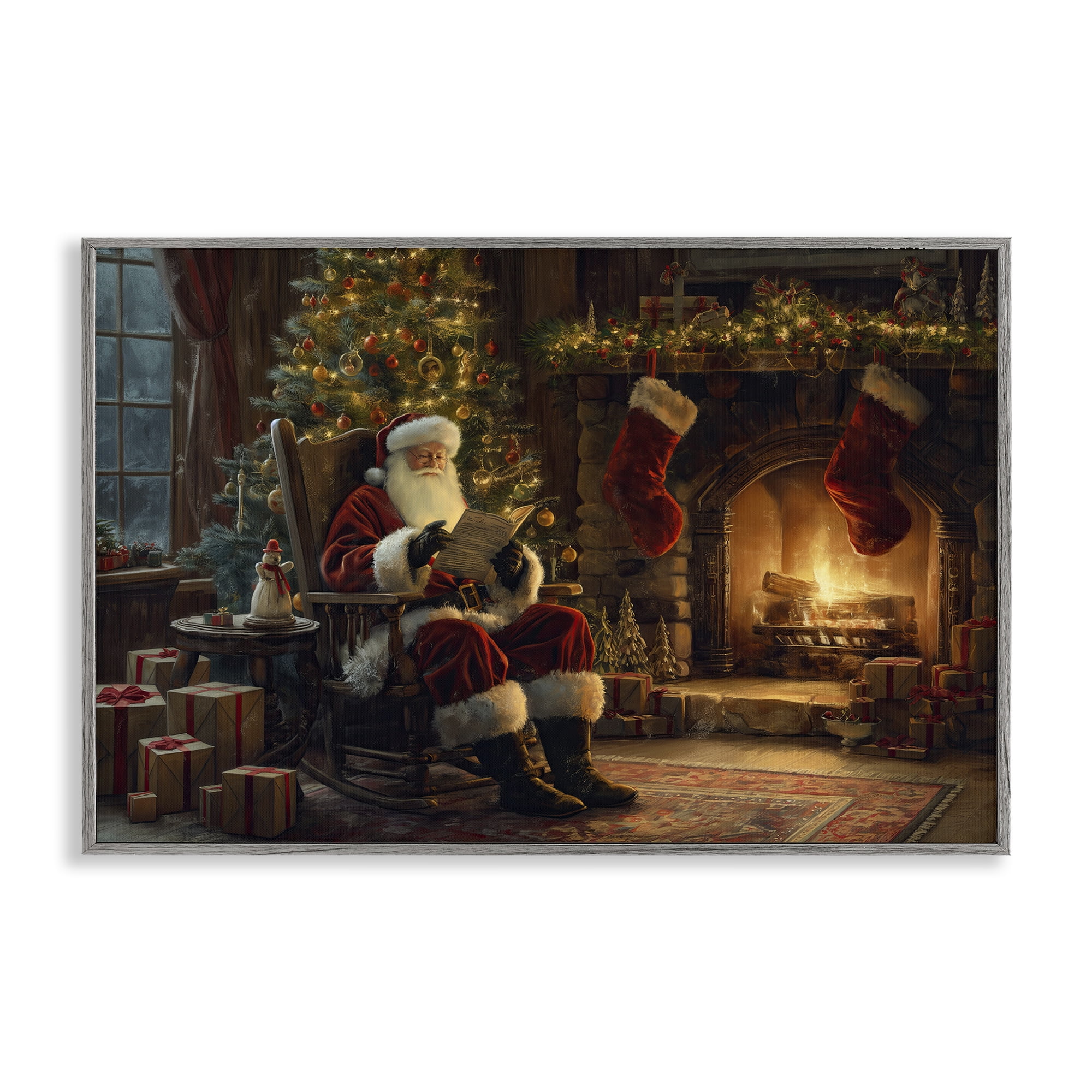 Stupell Industries Santa Claus by Fire Holiday Painting Gray Framed Art Prints Wall Art, 24 x 16