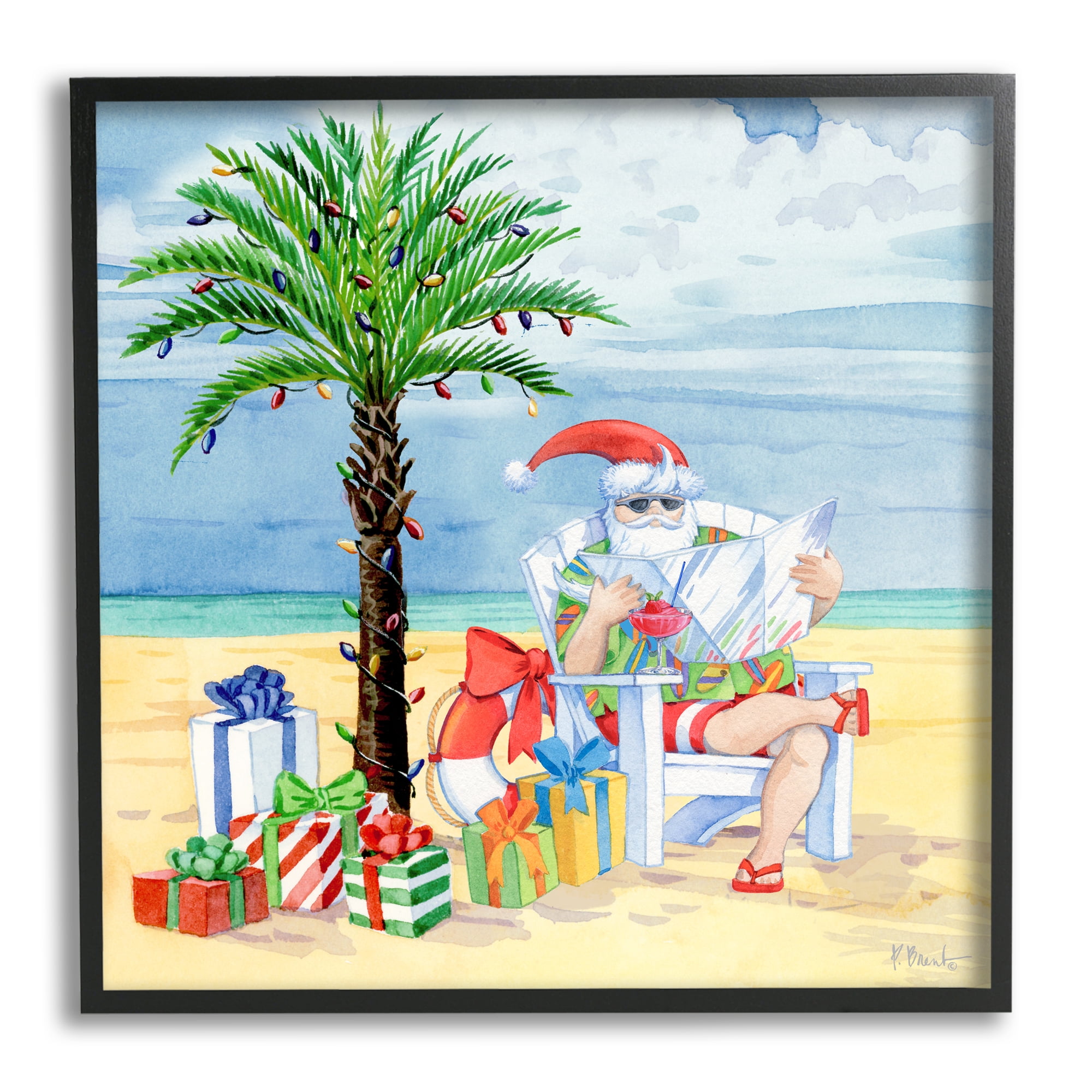 Stupell Industries Santa Claus on Beach Holiday Painting Black Framed Art Print Wall Art, 24 x 24