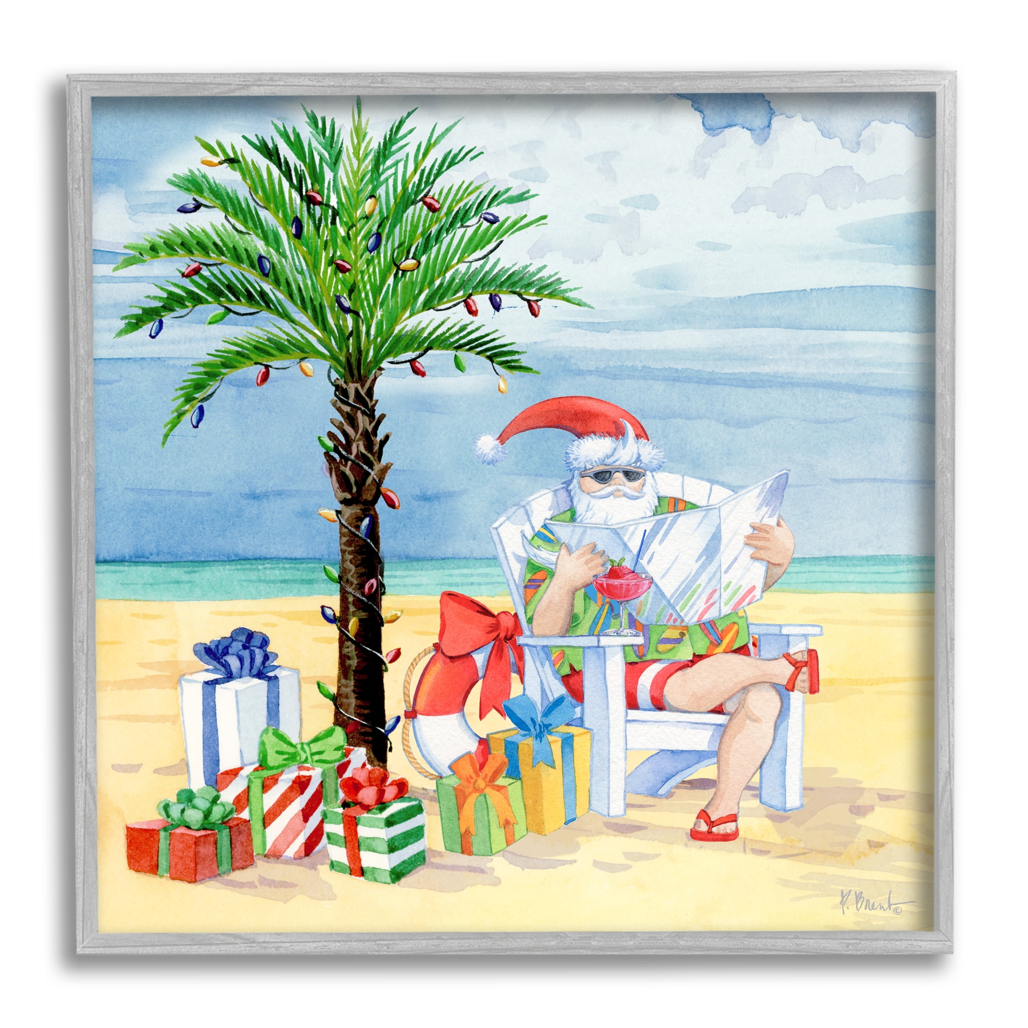 Stupell Industries Santa Claus on Beach Holiday Painting Gray Framed Art Print Wall Art, 17 x 17
