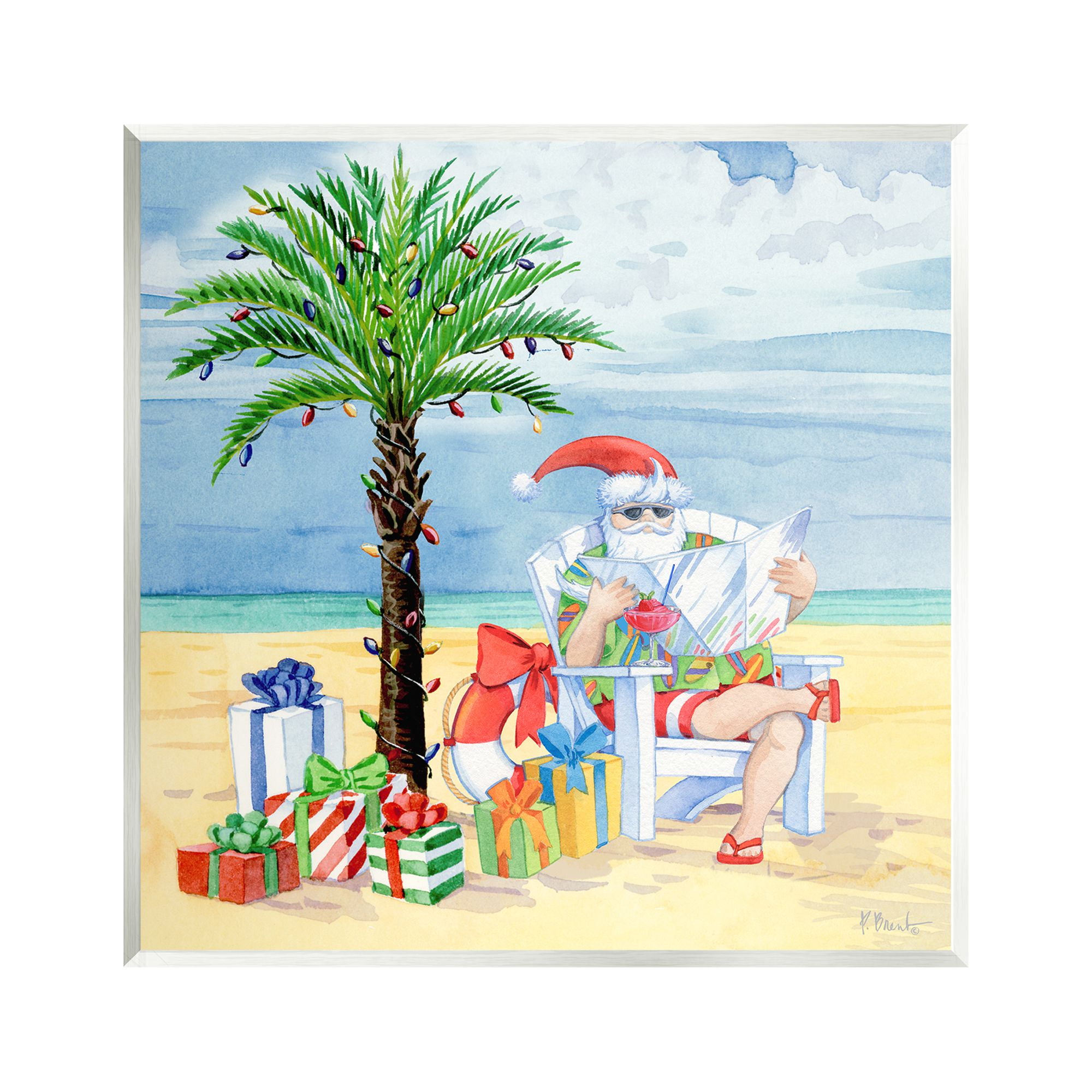 Stupell Industries Santa Claus on Beach Holiday Painting Unframed Art Print Wall Art, 12 x 12