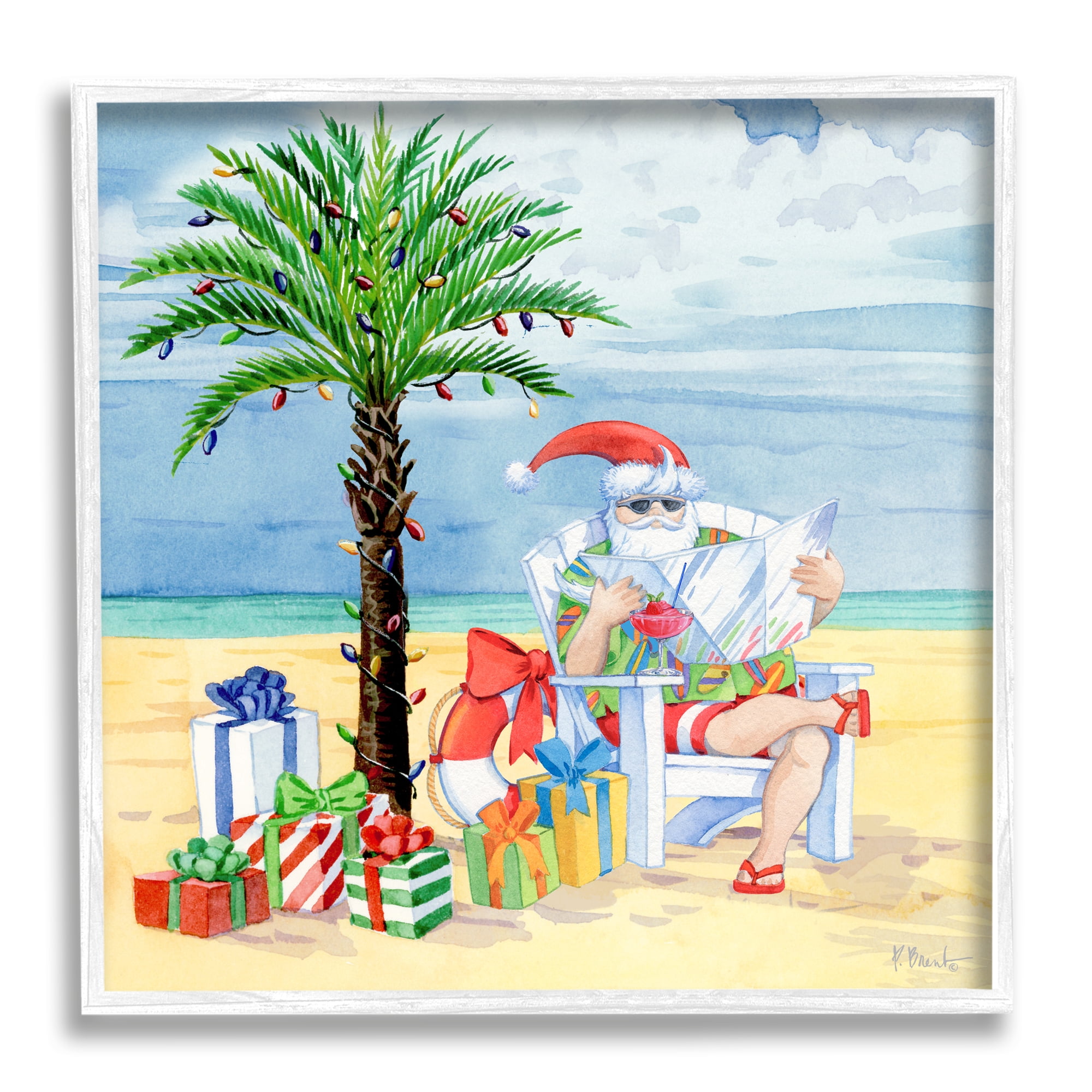 Stupell Industries Santa Claus on Beach Holiday Painting White Framed Art Print Wall Art, 17 x 17