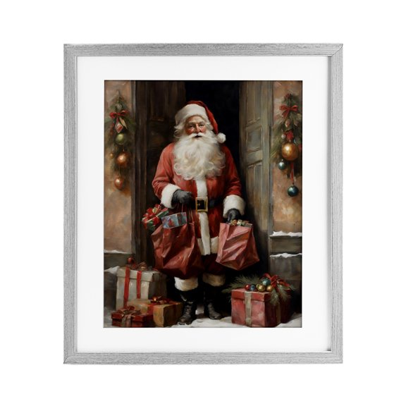 Santa Claus on Doorstep Gray Framed Print Under Glass, 17 x 21, Made In USA