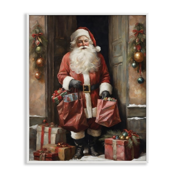 Santa Claus on Doorstep White Framed Giclee Art, 24 x 30, Made In USA