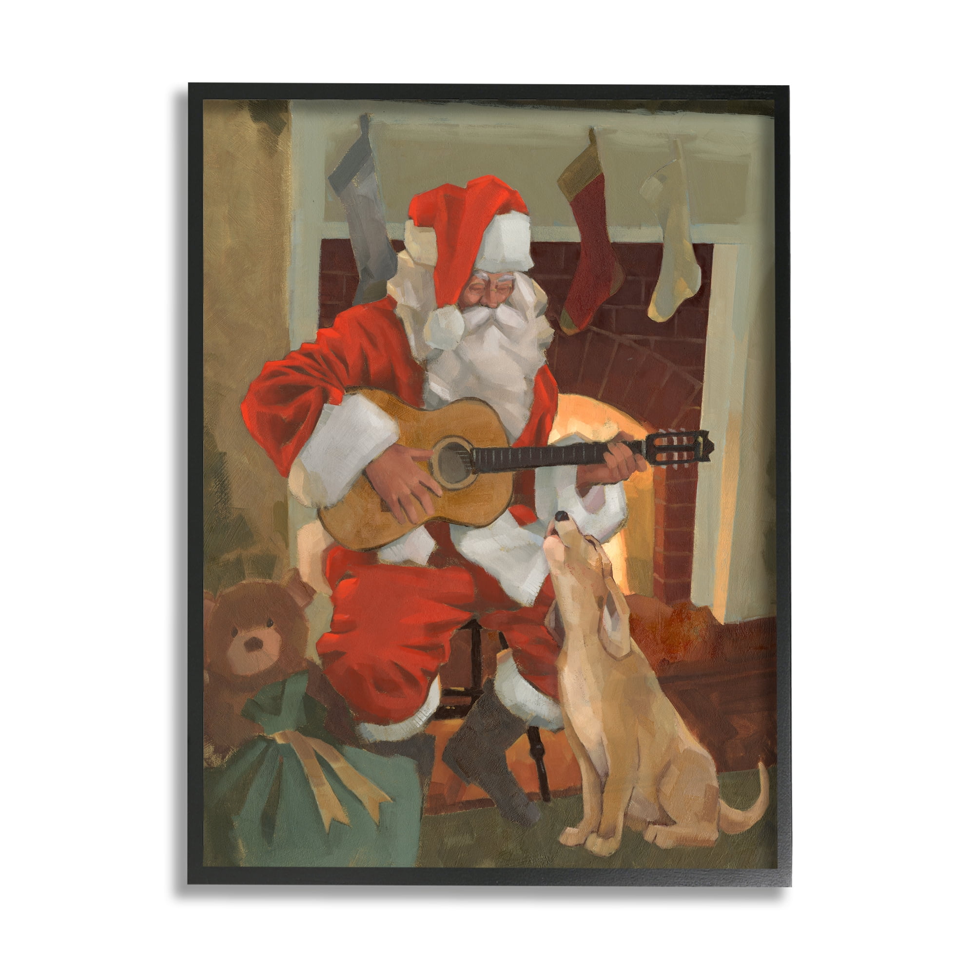 Stupell Industries Santa Clause Playing Guitar Christmas Family Dog Singing Classic Painting Black Framed Art Print Wall Art, 24 x 30, Design by Jacob Green