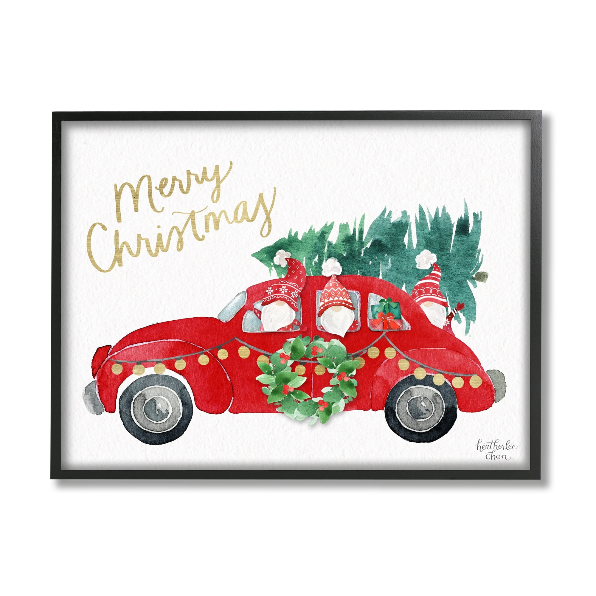 Stupell Industries Santa Gnomes Driving Christmas Car Holiday Tree Graphic Art Black Framed Art Print Wall Art, Design by Heatherlee Chan