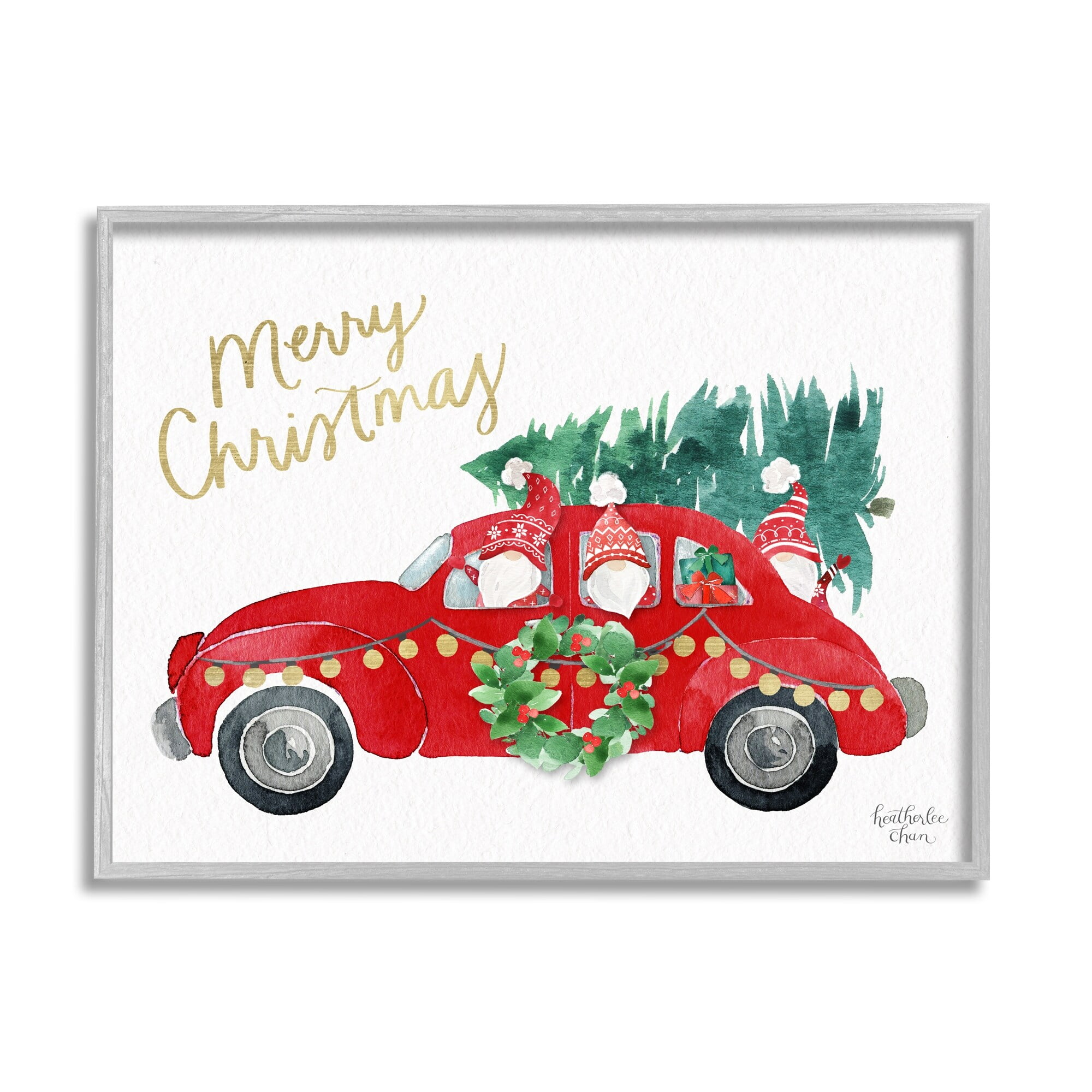 Stupell Industries Santa Gnomes Driving Christmas Car Holiday Tree Graphic Art Gray Framed Art Print Wall Art, Design by Heatherlee Chan