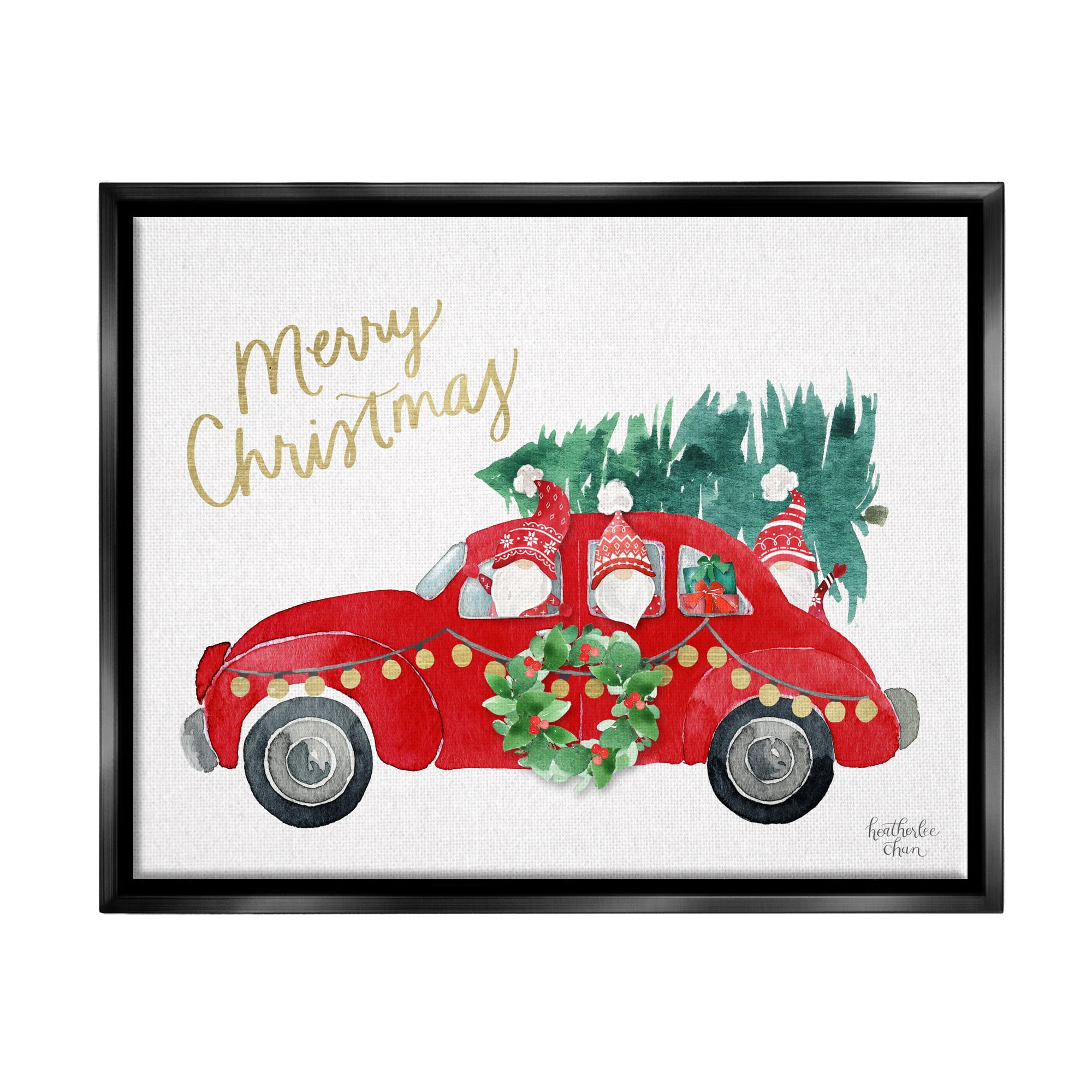 Stupell Industries Santa Gnomes Driving Christmas Car Holiday Tree Graphic Art Jet Black Floating Framed Canvas Print Wall Art, Design by Heatherlee Chan