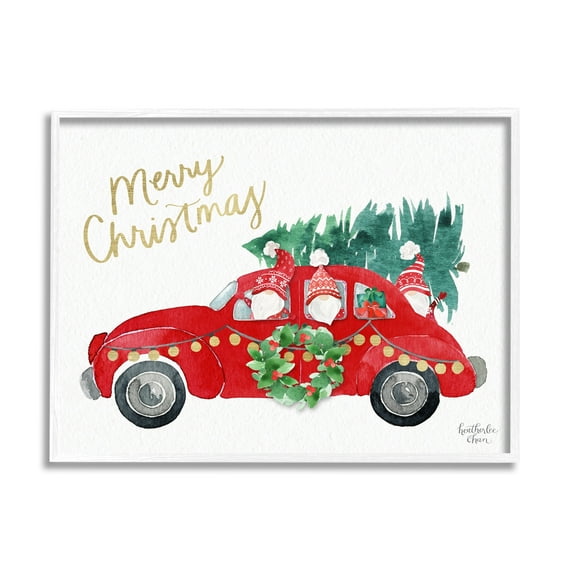 Stupell Industries Santa Gnomes Driving Christmas Car Holiday Tree Graphic Art White Framed Art Print Wall Art, Design by Heatherlee Chan