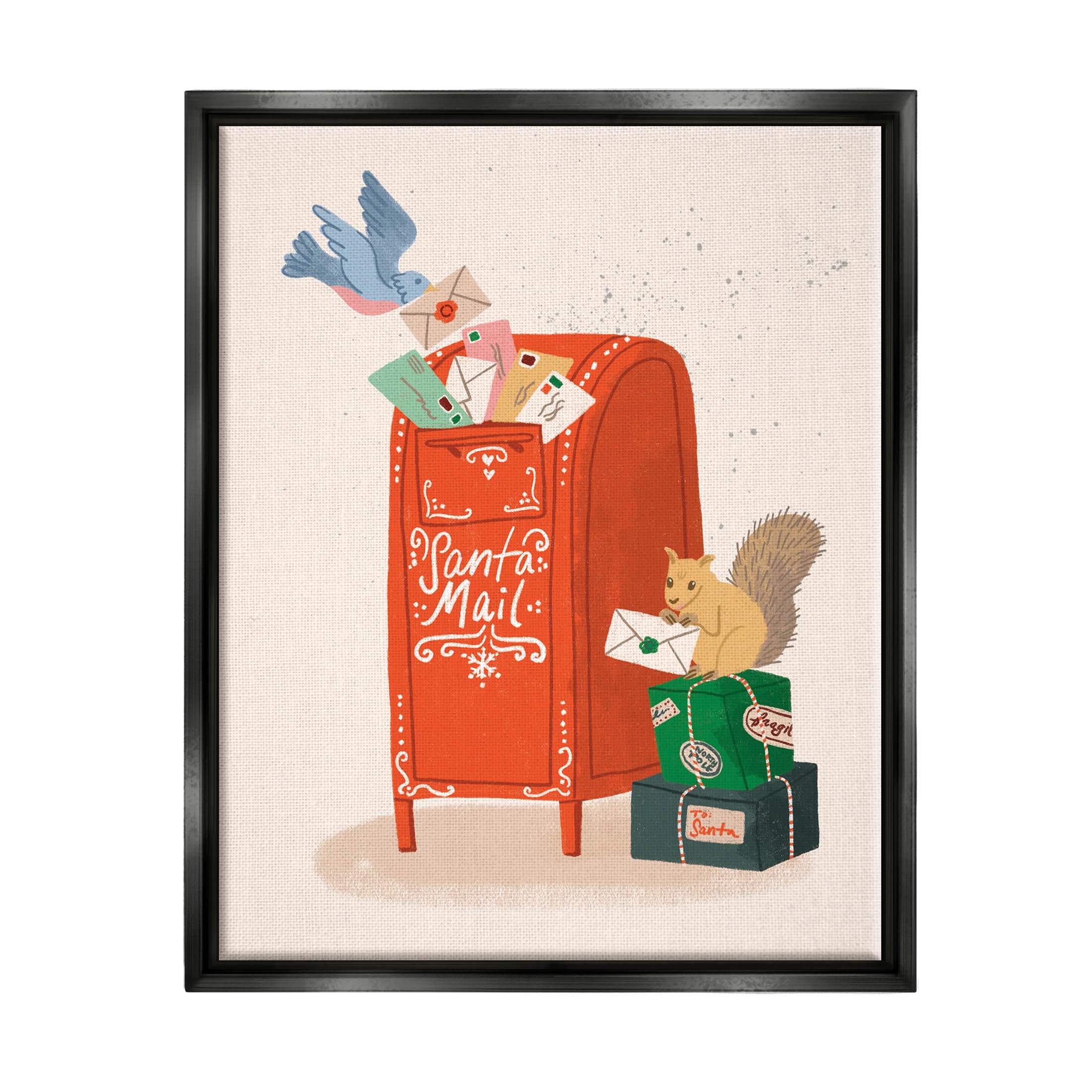 Stupell Industries Santa Mail Holiday Parcels Letters Graphic Art Jet Black Floating Framed Canvas Print Wall Art, Design by Kristina Hultkrantz