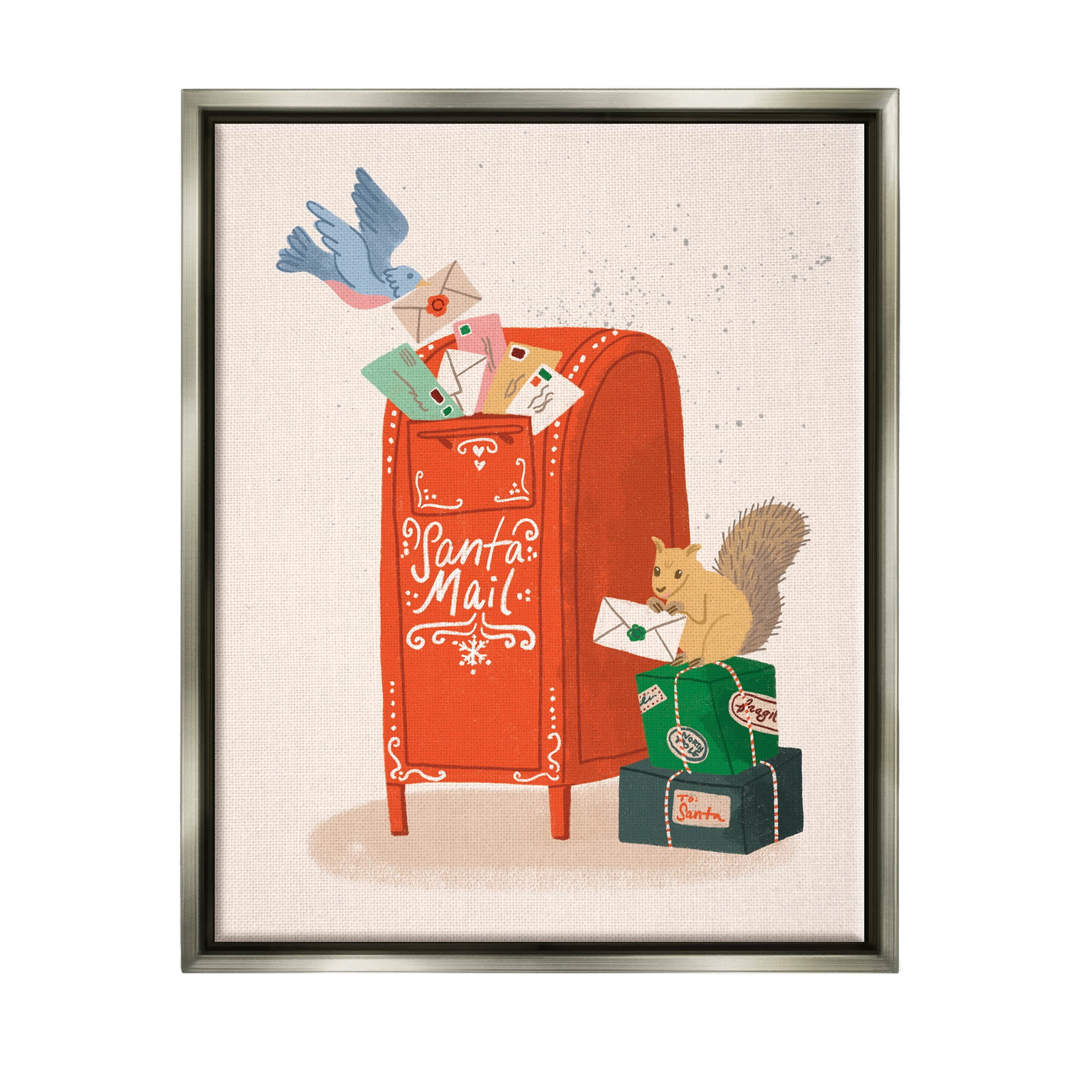 Stupell Industries Santa Mail Holiday Parcels Letters Graphic Art Luster Gray Floating Framed Canvas Print Wall Art, Design by Kristina Hultkrantz