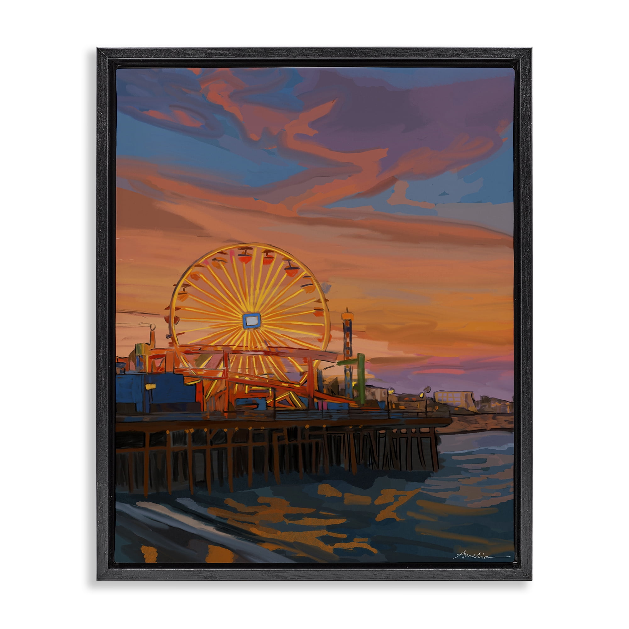 Stupell Industries Santa Monica Pier Sunset Black Framed Floater Canvas Wall Art, design by Amelia Noyes