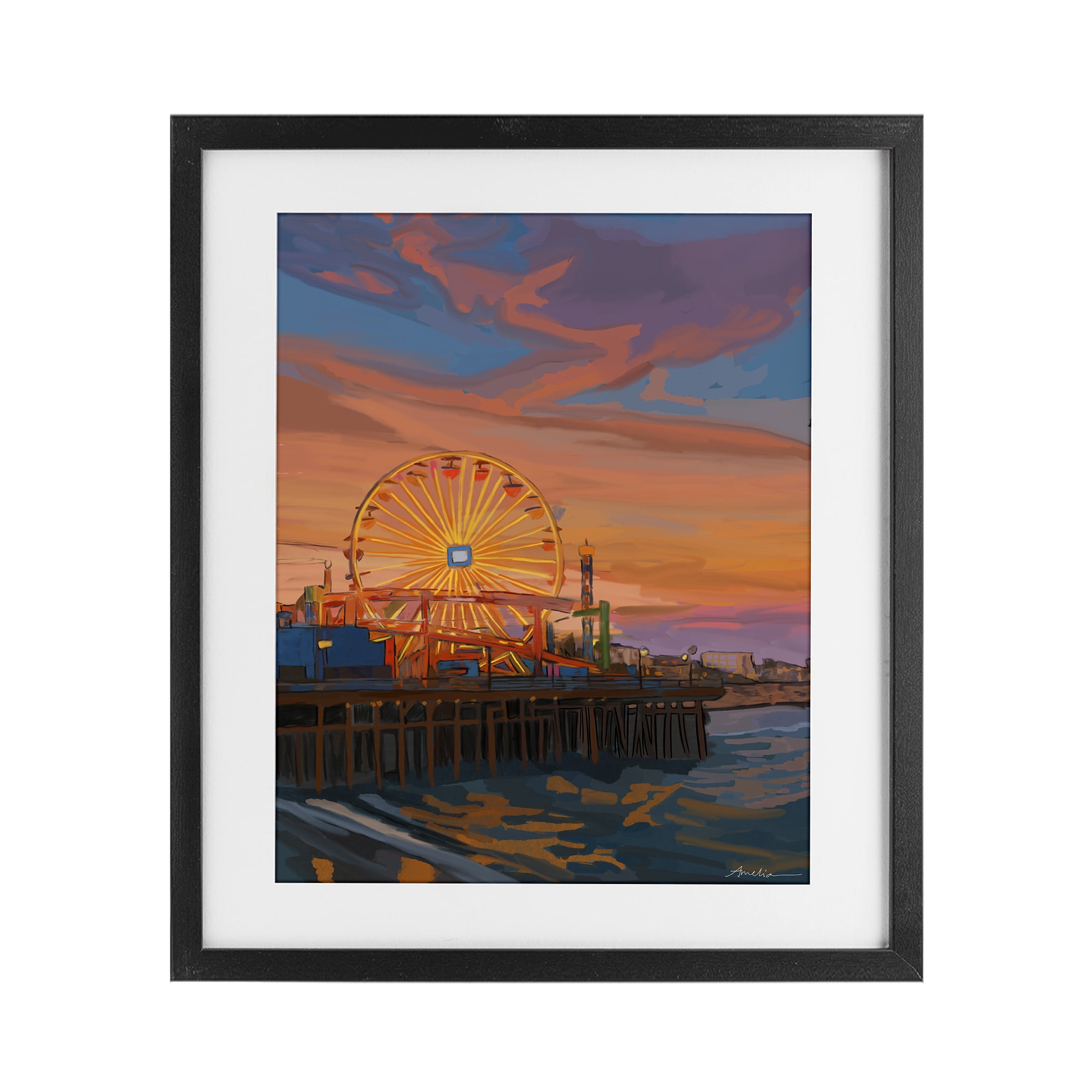 Stupell Industries Santa Monica Pier Sunset Black Framed Print Under Glass, design by Amelia Noyes