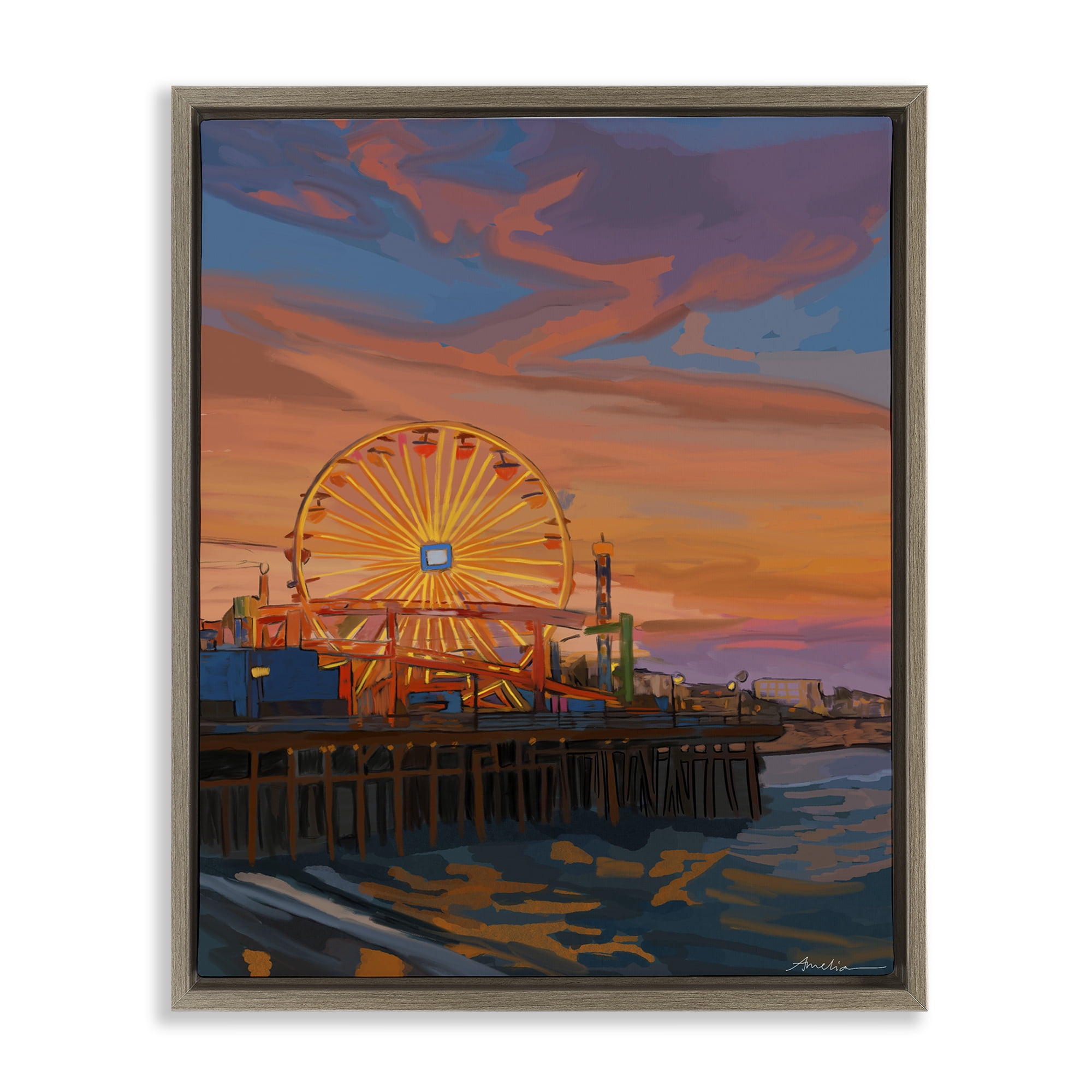 Stupell Industries Santa Monica Pier Sunset Brown Framed Floater Canvas Wall Art, design by Amelia Noyes