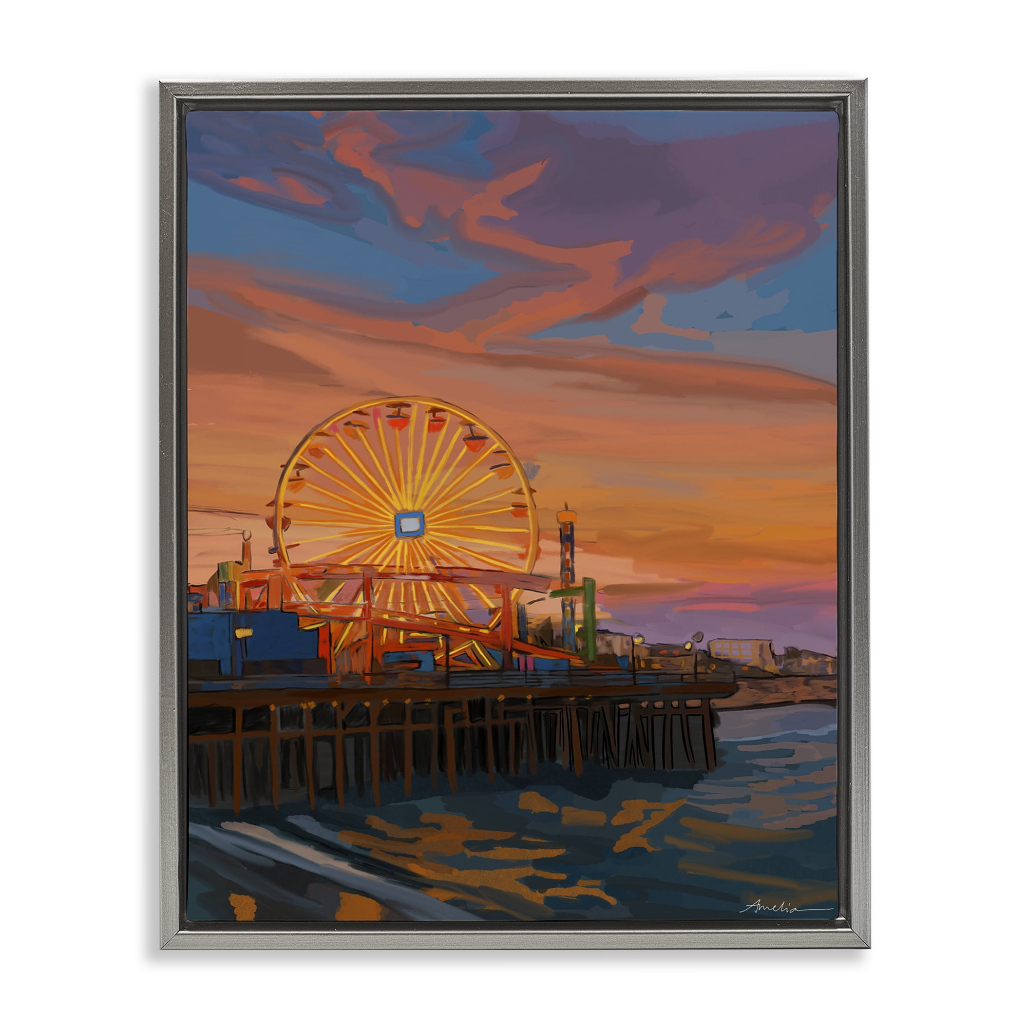 Stupell Industries Santa Monica Pier Sunset Gray Framed Floater Canvas Wall Art, design by Amelia Noyes