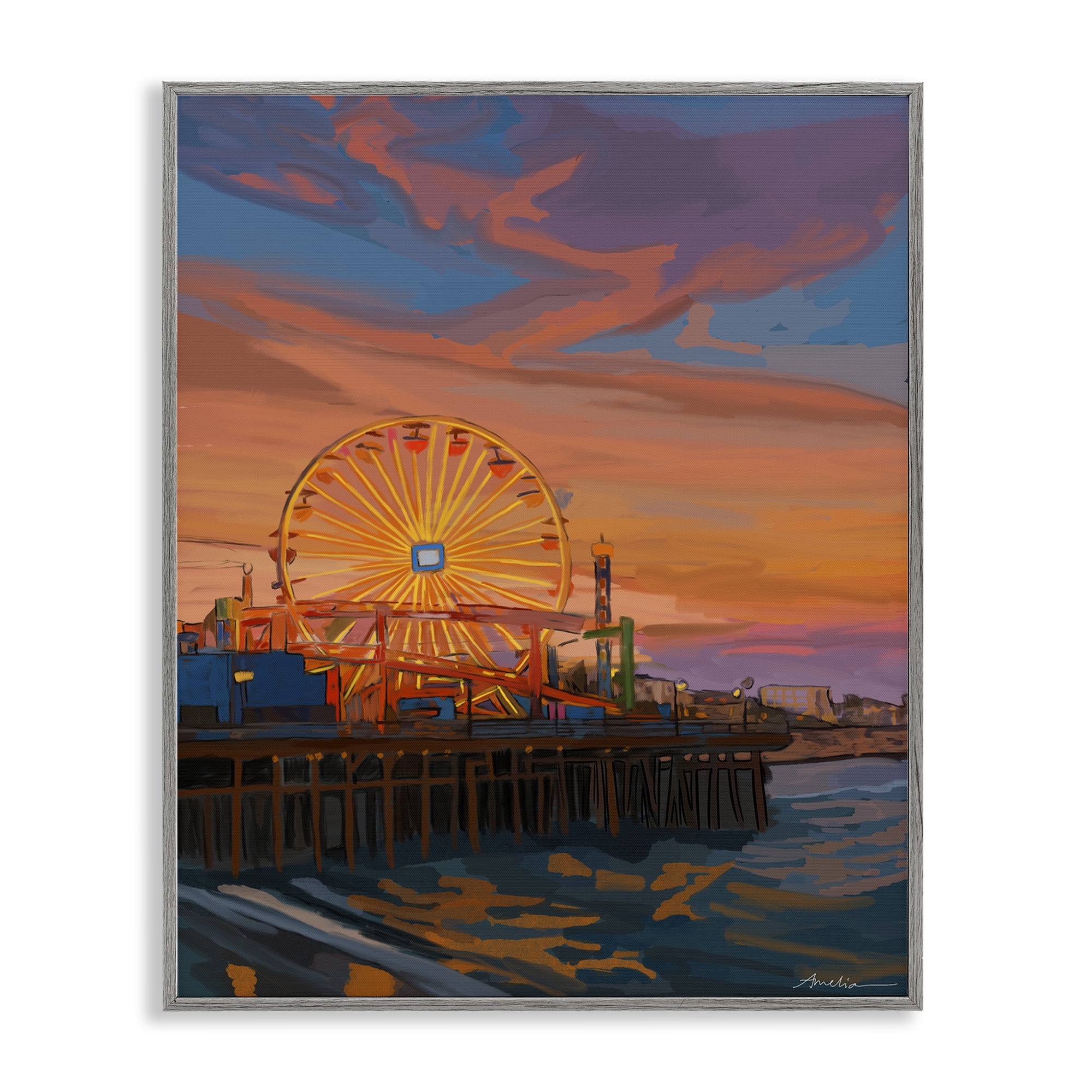 Stupell Industries Santa Monica Pier Sunset Gray Framed Giclee Art, design by Amelia Noyes