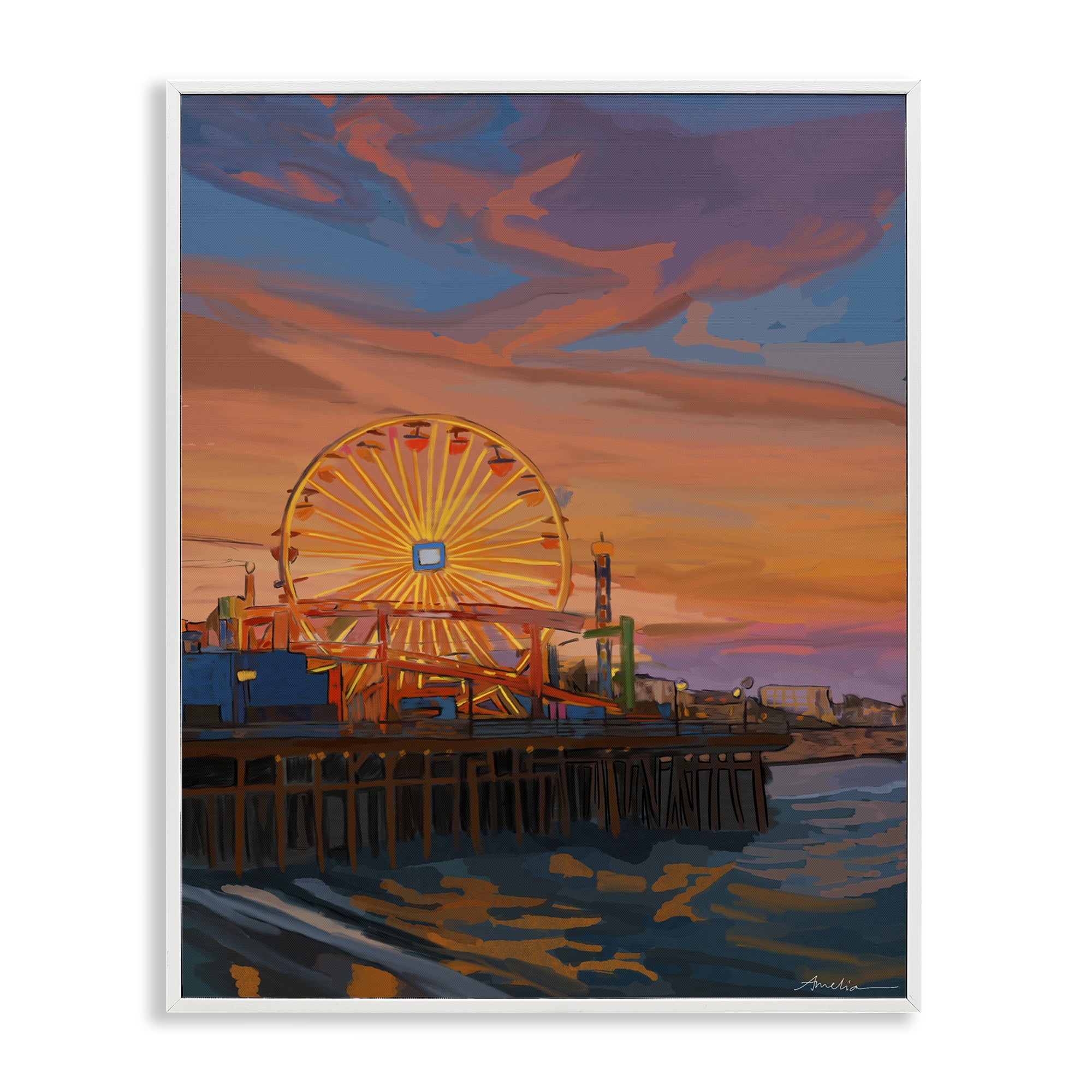 Stupell Industries Santa Monica Pier Sunset White Framed Giclee Art, design by Amelia Noyes