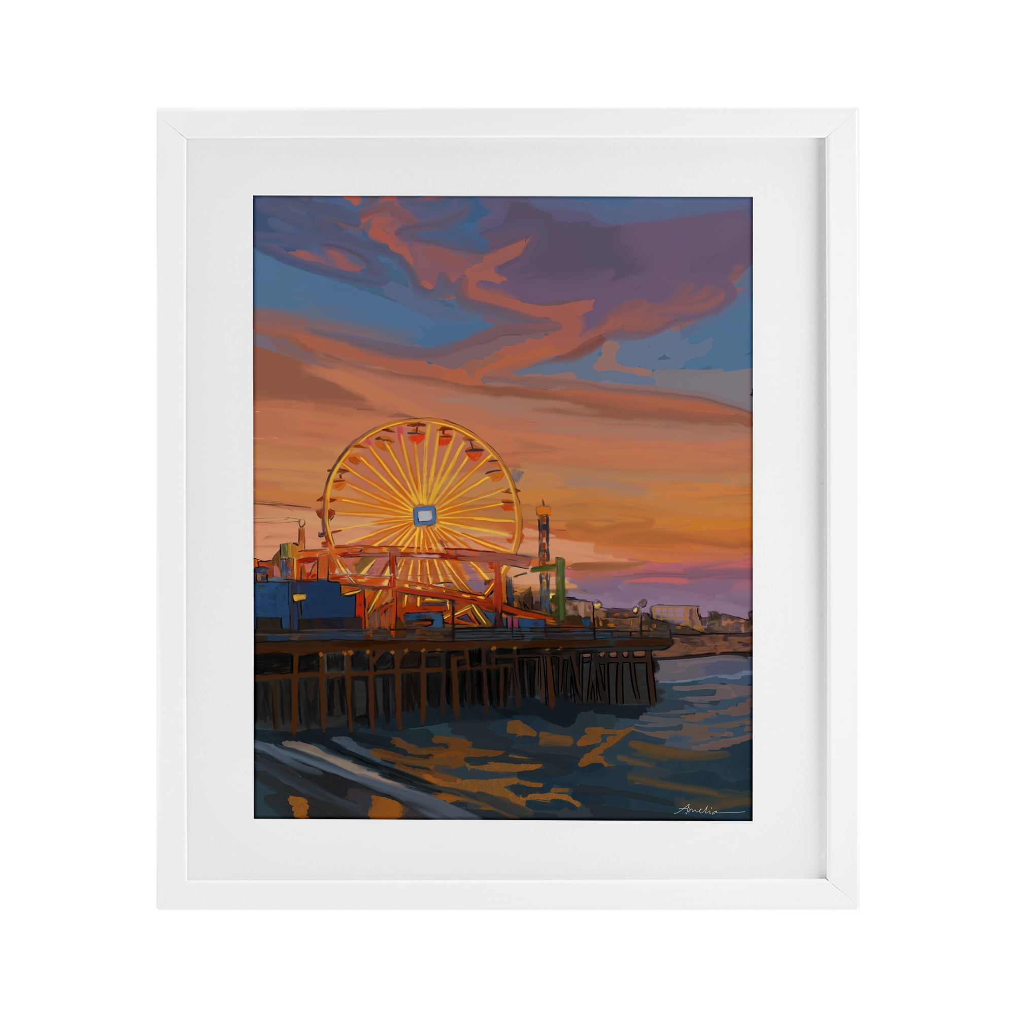 Stupell Industries Santa Monica Pier Sunset White Framed Print Under Glass, design by Amelia Noyes