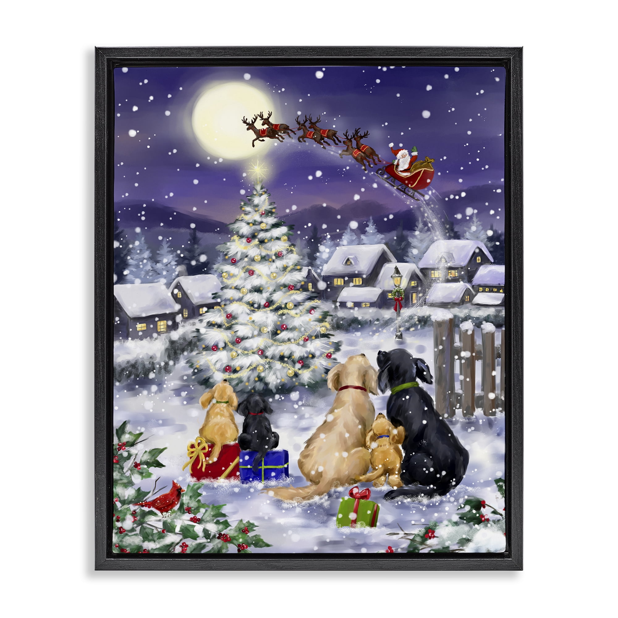 Stupell Industries Santa Over Snowy Dogs Holiday Painting Black Floater Framed Canvas Art Prints Wall Art, 25 x 31