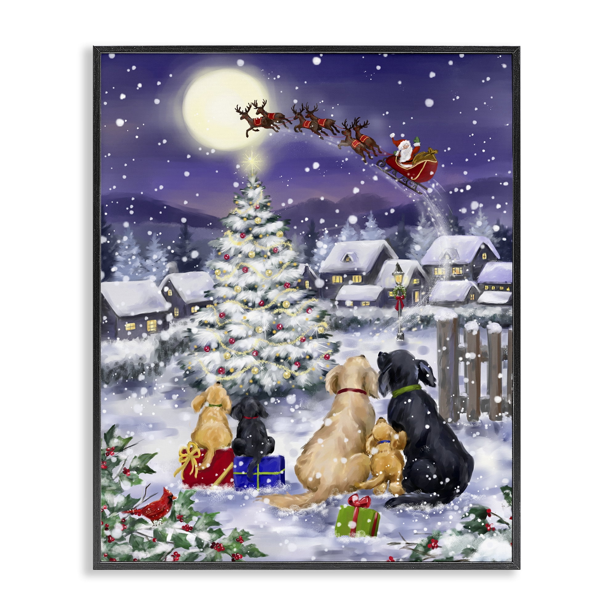 Stupell Industries Santa Over Snowy Dogs Holiday Painting Black Framed Art Prints Wall Art, 16 x 20