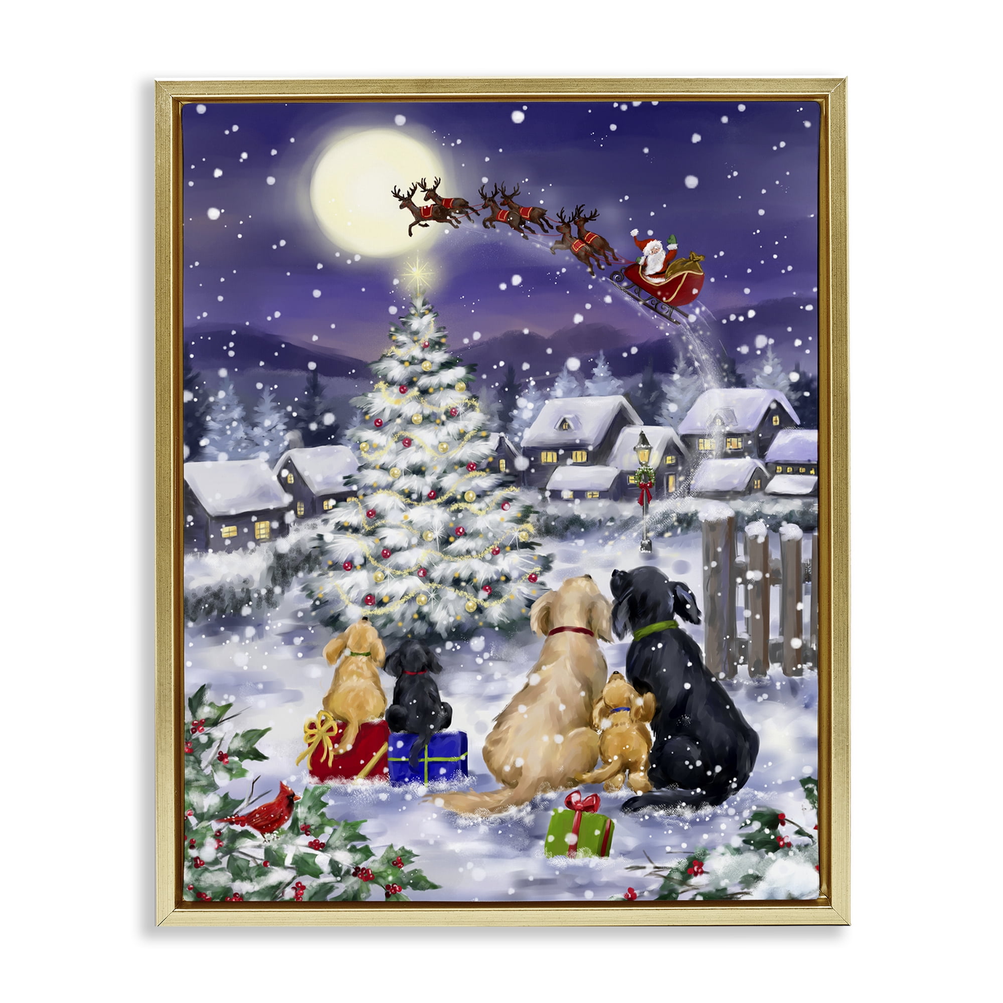 Stupell Industries Santa Over Snowy Dogs Holiday Painting Gold Floater Framed Canvas Art Prints Wall Art, 25 x 31
