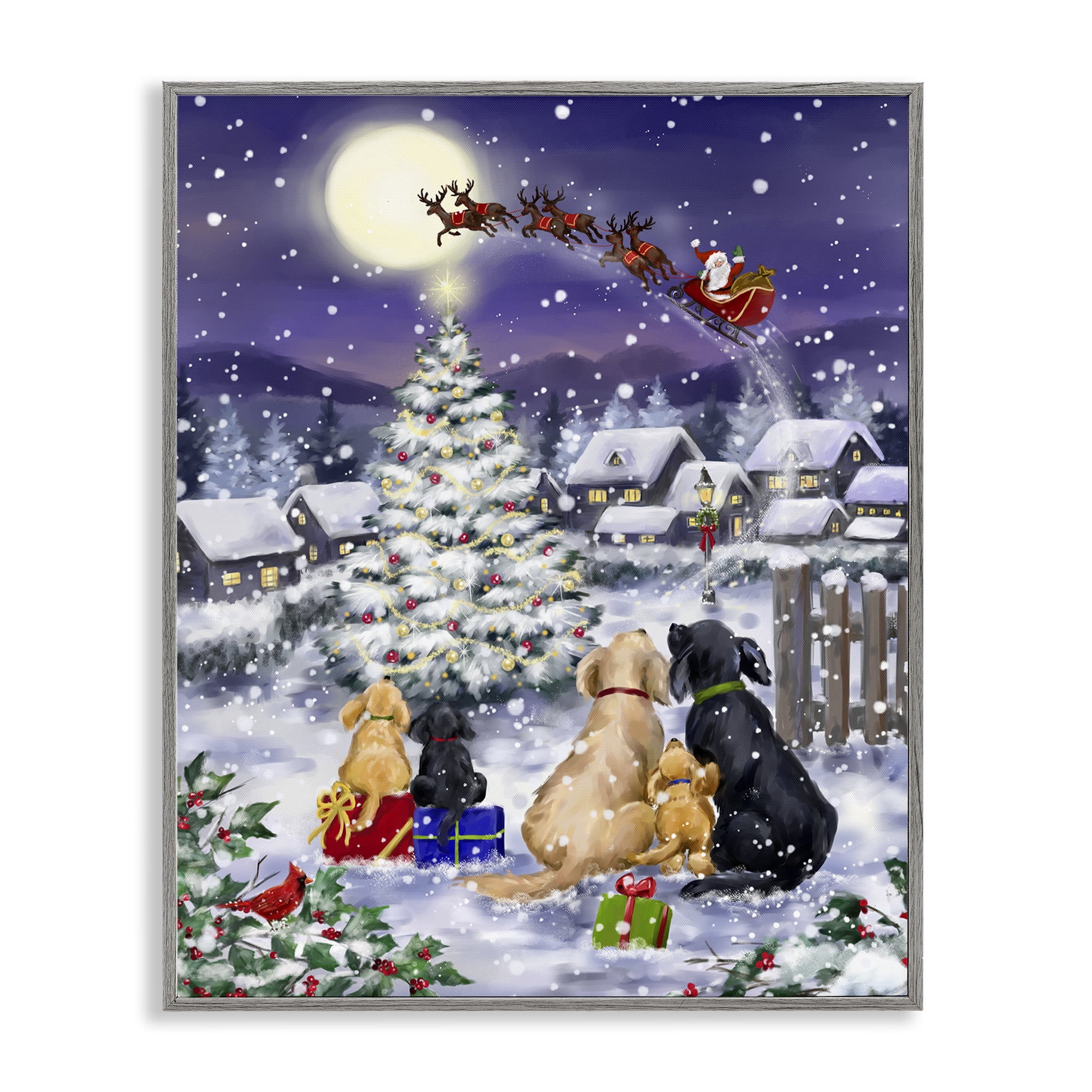 Stupell Industries Santa Over Snowy Dogs Holiday Painting Gray Framed Art Prints Wall Art, 16 x 20