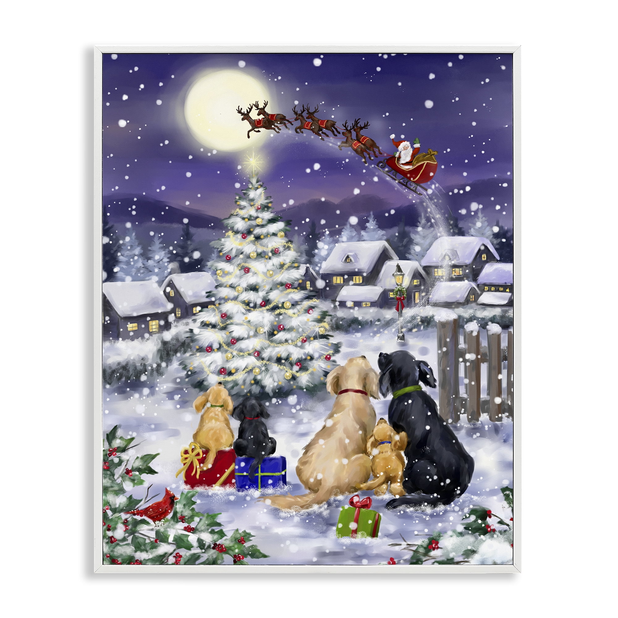 Stupell Industries Santa Over Snowy Dogs Holiday Painting White Framed Art Prints Wall Art, 16 x 20