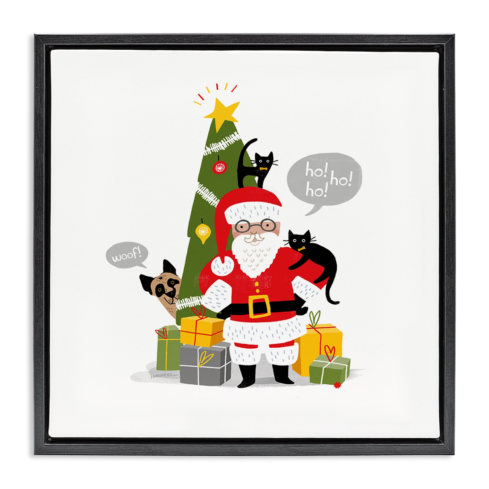 Stupell Industries Santa Paws with Pets Holiday Painting Black Floater Framed Canvas Art Prints Wall Art, 18 x 18