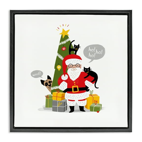 Stupell Industries Santa Paws with Pets Holiday Painting Black Floater Framed Canvas Art Prints Wall Art, 25 x 25