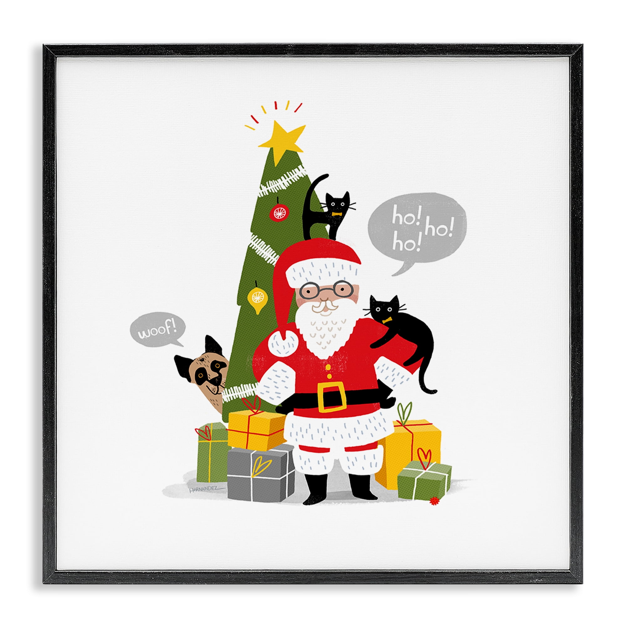 Stupell Industries Santa Paws with Pets Holiday Painting Black Framed Art Prints Wall Art, 24 x 24