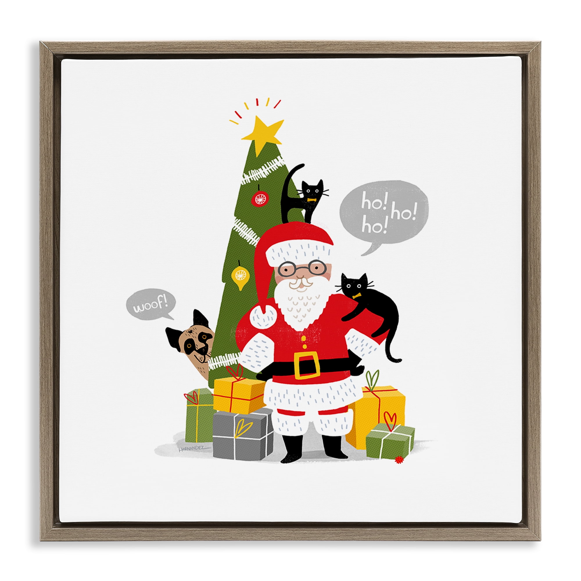 Stupell Industries Santa Paws with Pets Holiday Painting Brown Floater Framed Canvas Art Prints Wall Art, 18 x 18