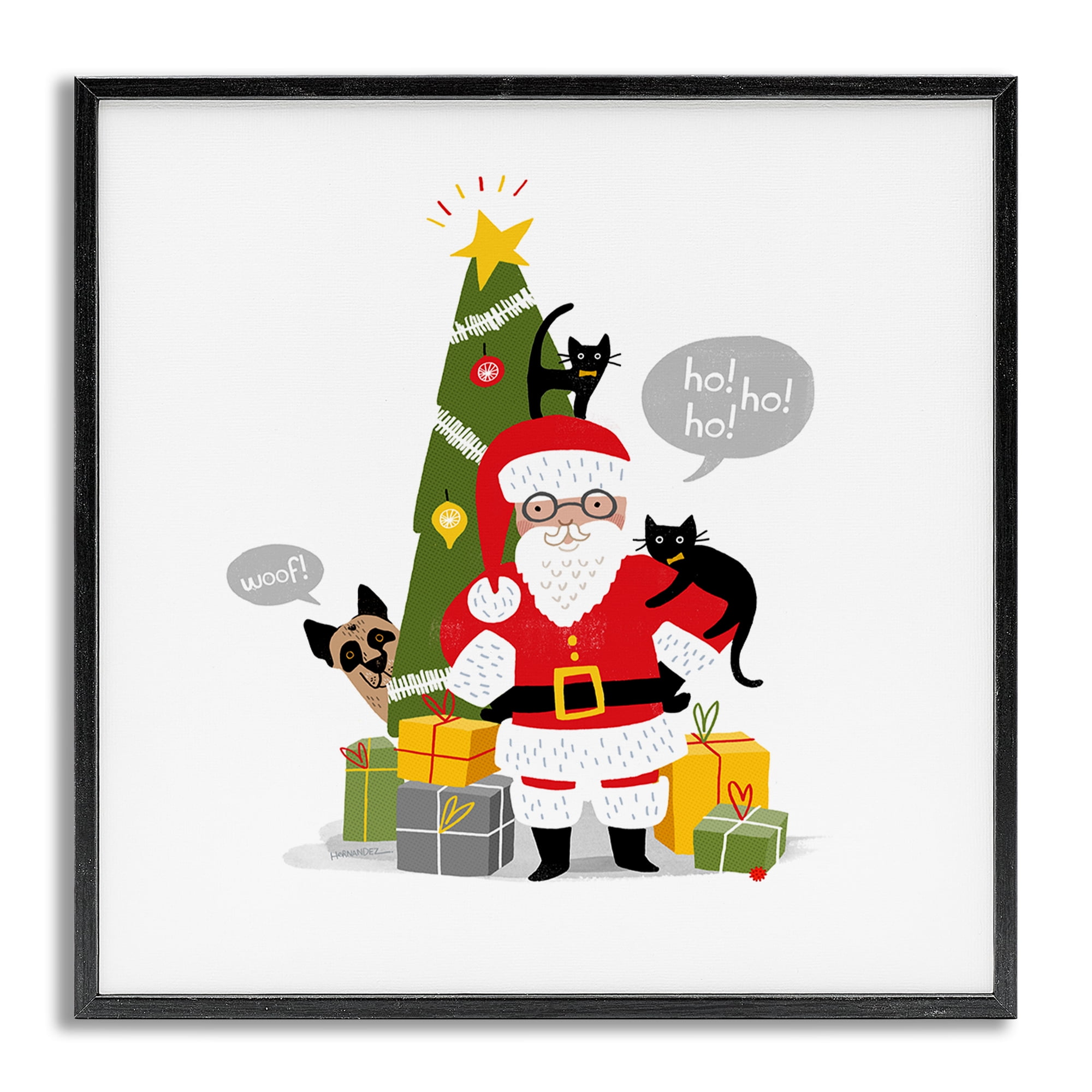 Stupell Industries Santa Paws with Pets Holiday Painting Gray Framed Art Prints Wall Art, 24 x 24