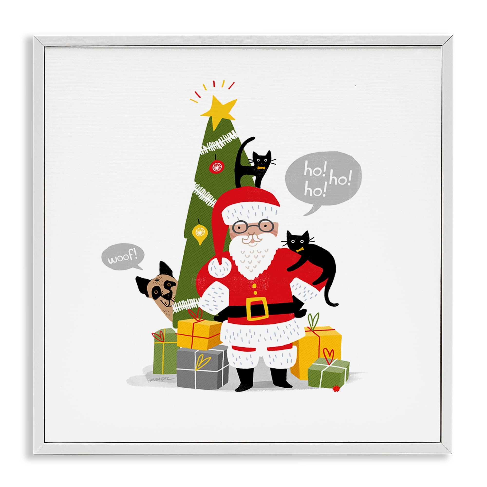 Stupell Industries Santa Paws with Pets Holiday Painting White Framed Art Prints Wall Art, 12 x 12