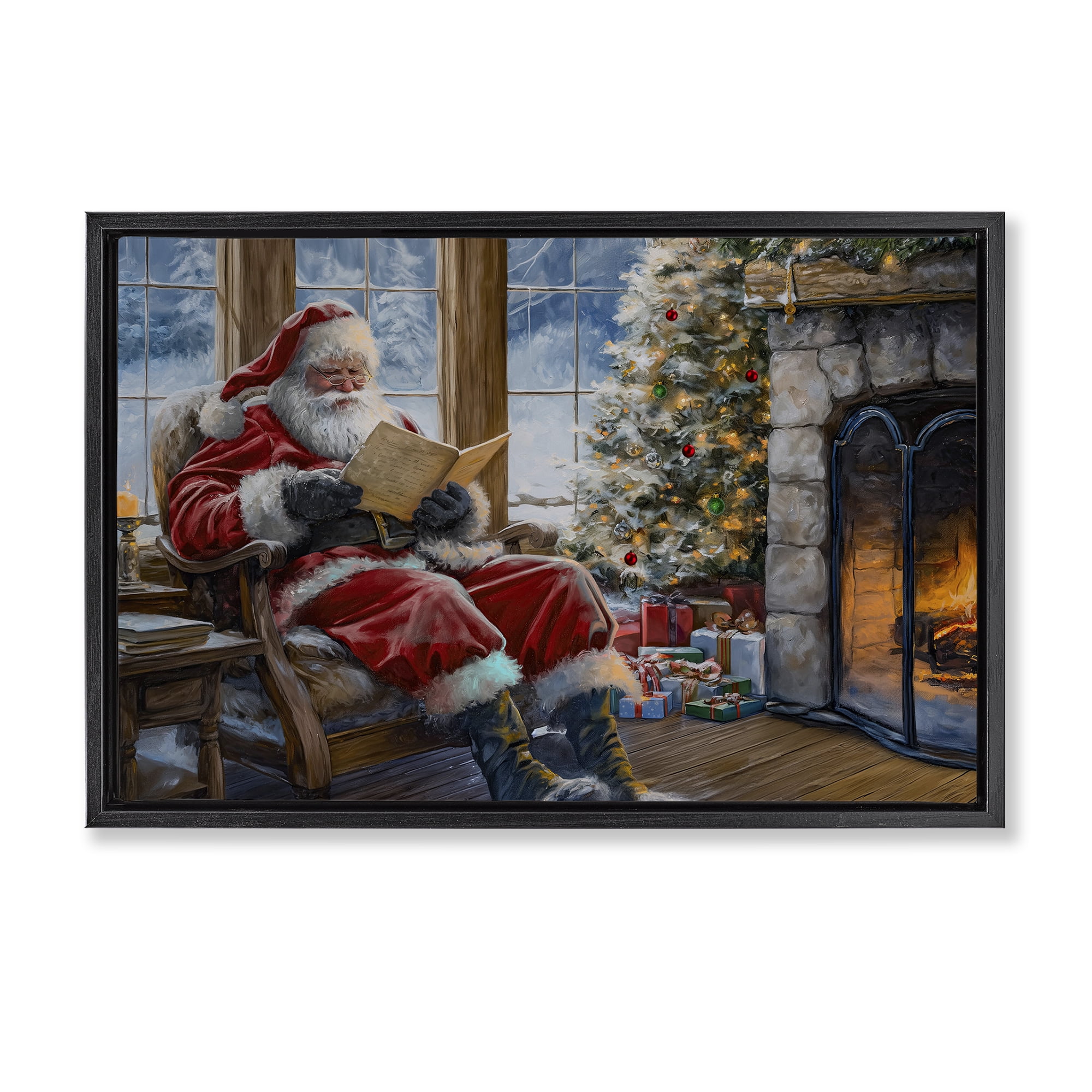 Stupell Industries Santa Reading by Fire Holiday Painting Black Floater Framed Canvas Art Prints Wall Art, 25 x 17