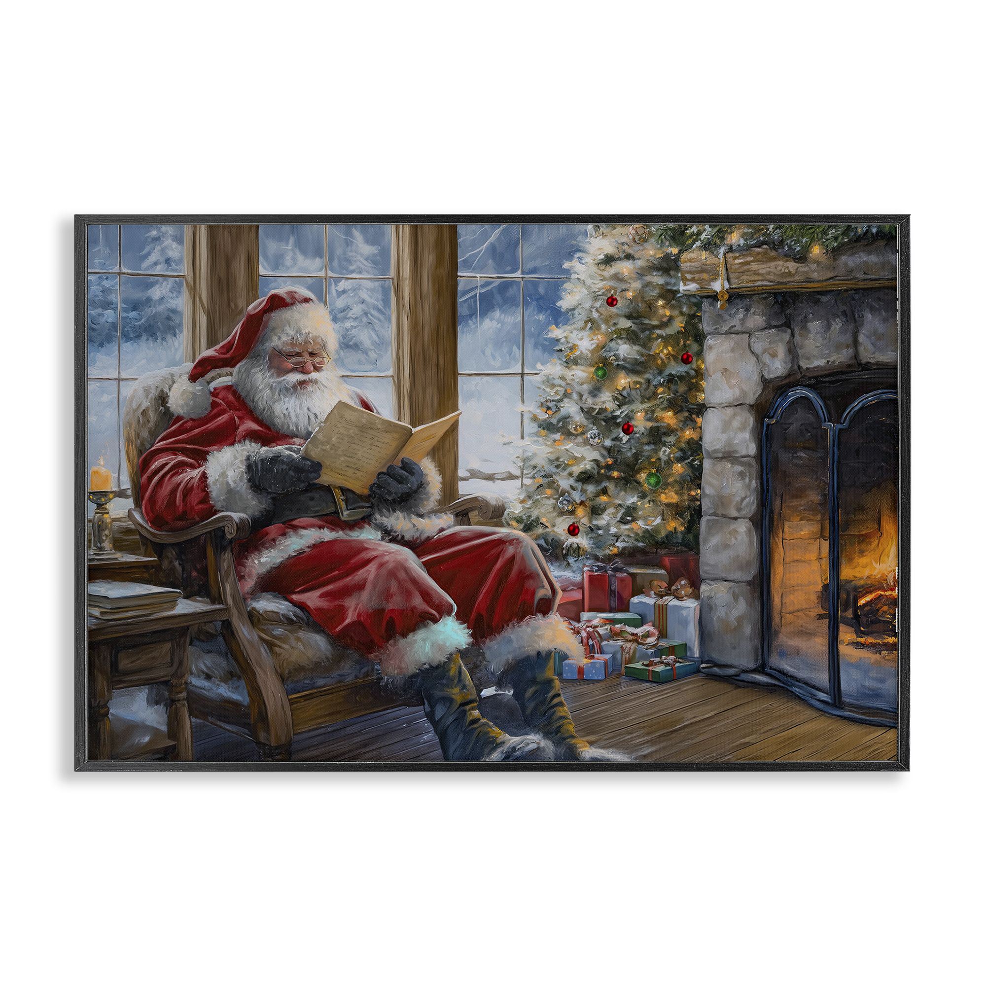Stupell Industries Santa Reading by Fire Holiday Painting Black Framed Art Prints Wall Art, 24 x 16