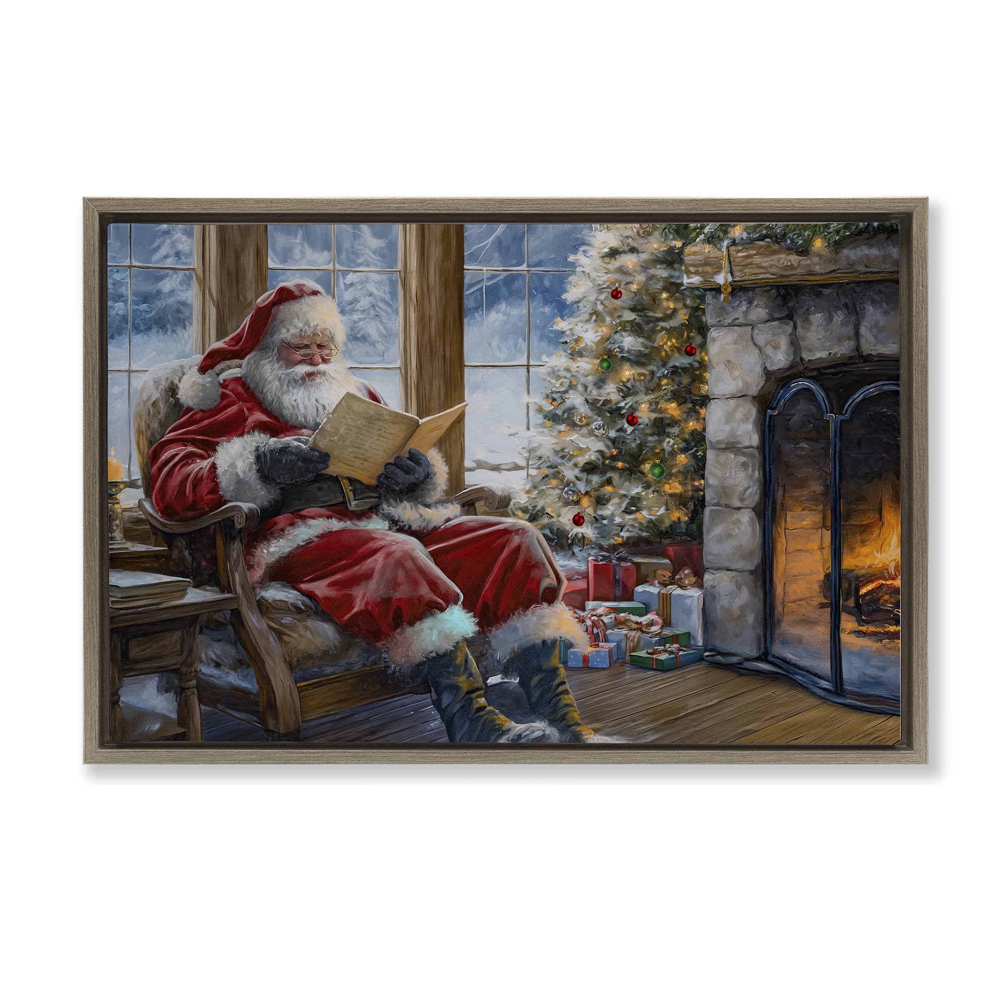 Stupell Industries Santa Reading by Fire Holiday Painting Brown Floater Framed Canvas Art Prints Wall Art, 31 x 21